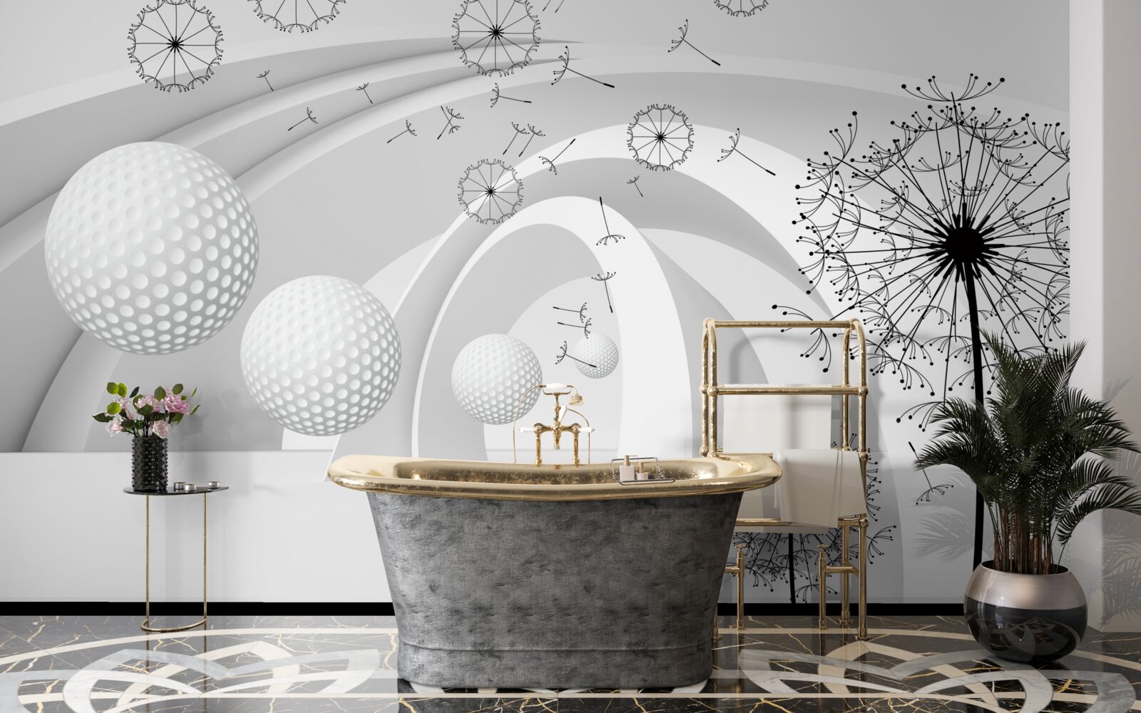 Papier peint Les arches sont blanches comme la neige et décorées de fleurs de pissenlit.