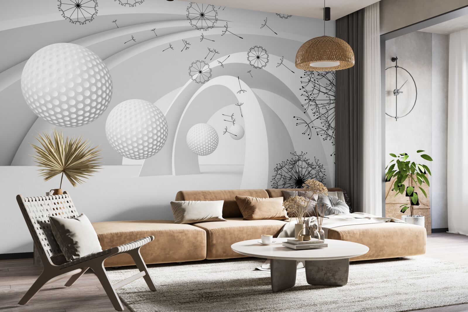 Papier peint Les arches sont blanches comme la neige et décorées de fleurs de pissenlit.