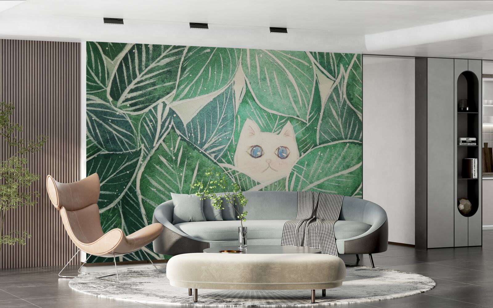 Papier peint un petit chat perdu dans les feuilles vertes