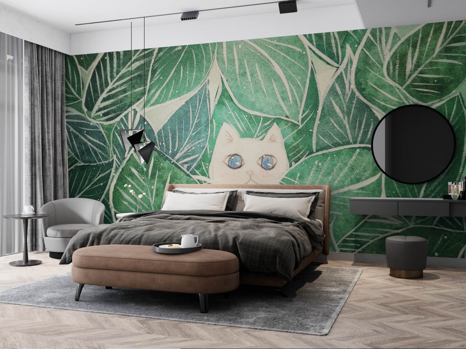 Papier peint un petit chat perdu dans les feuilles vertes