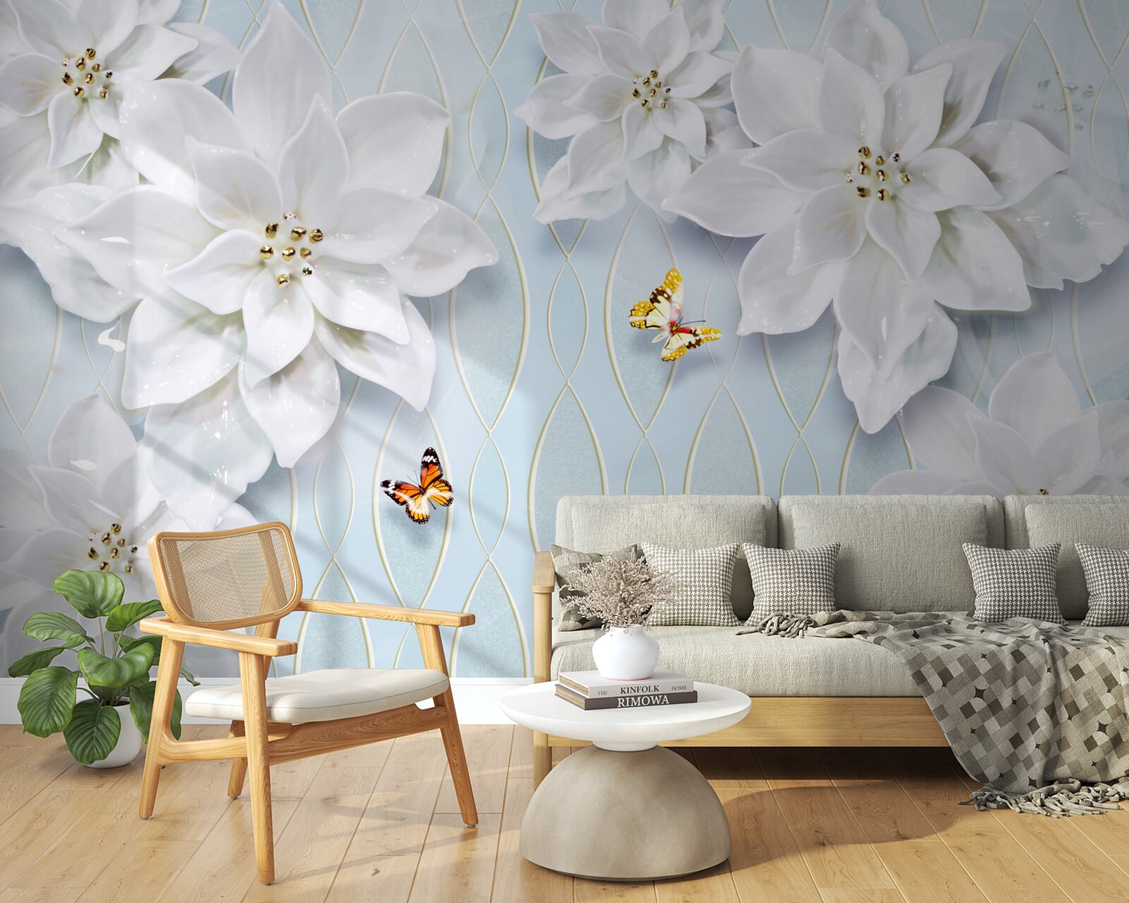 Papier peint Bourgeons et papillons blancs comme neige