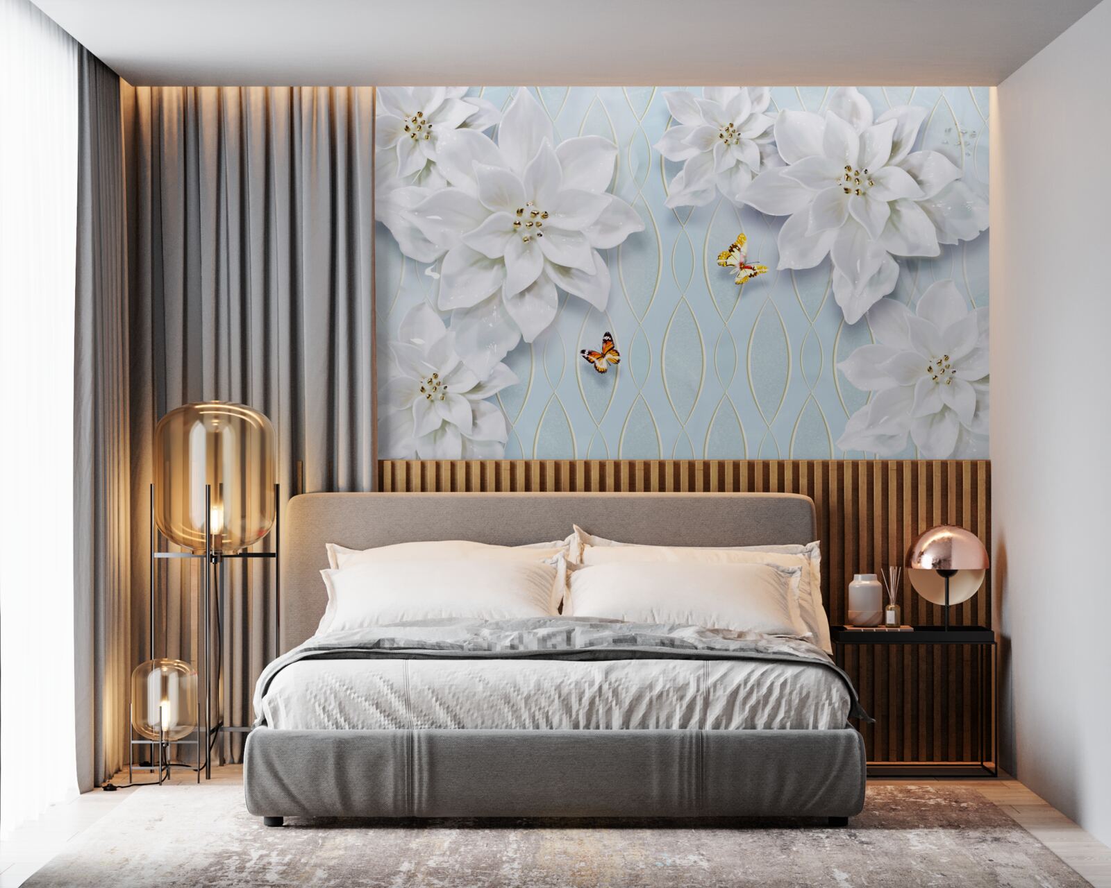 Papier peint Bourgeons et papillons blancs comme neige