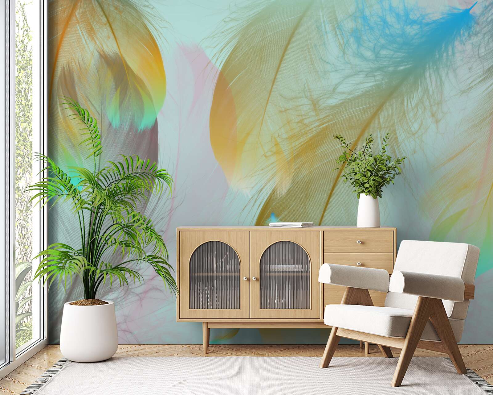 Papier peint plumes douces volantes