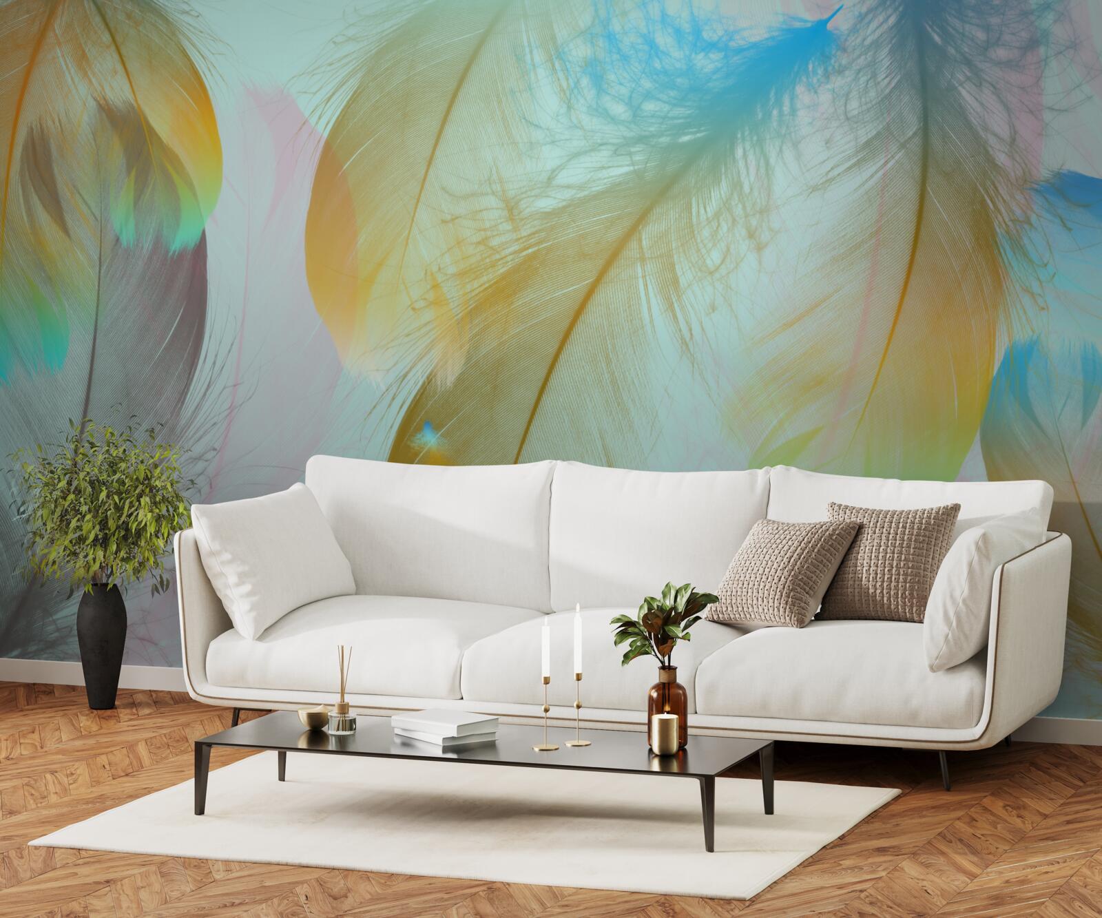 Papier peint plumes douces volantes