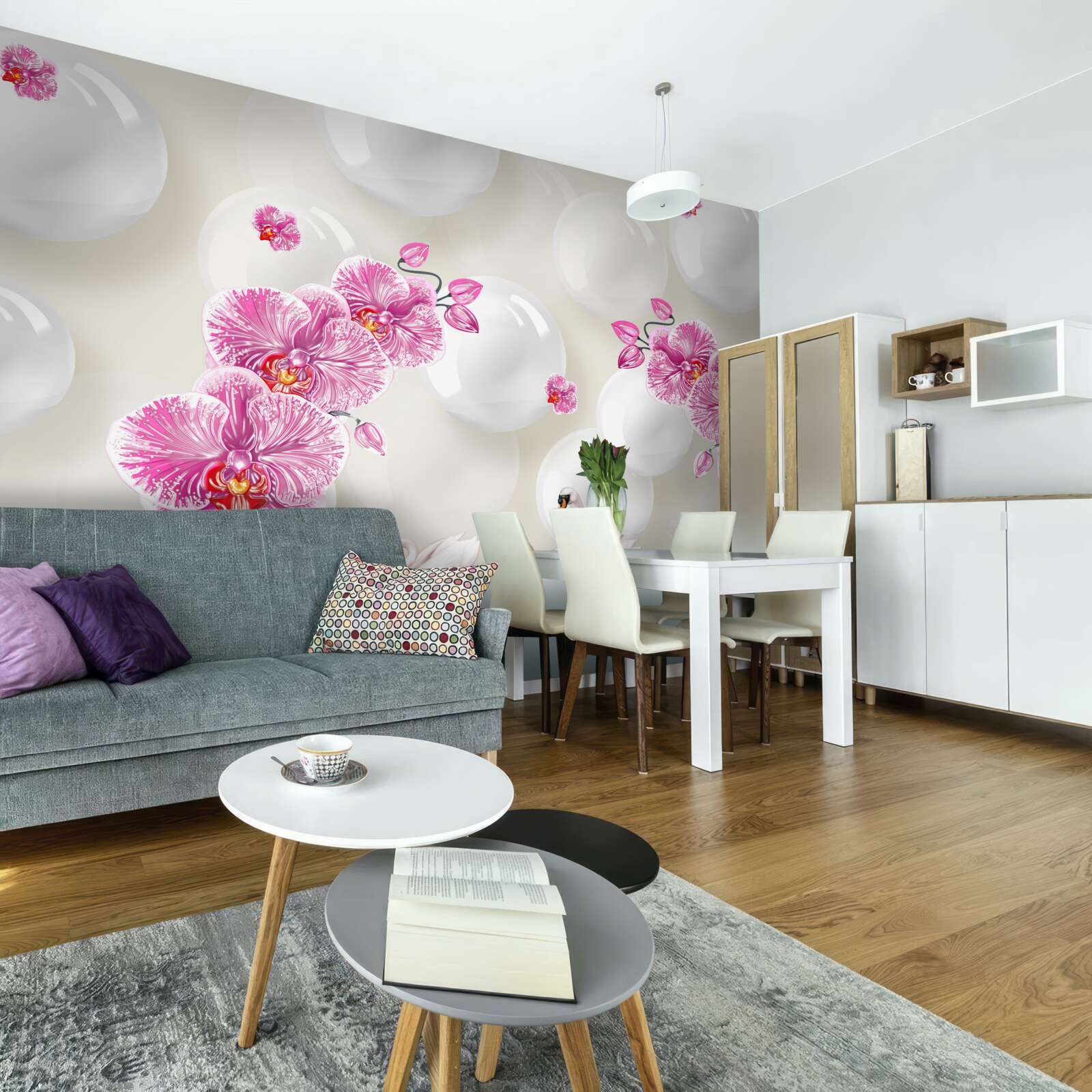 Papier peint magnolia lilas et cygnes nageant sur le lac