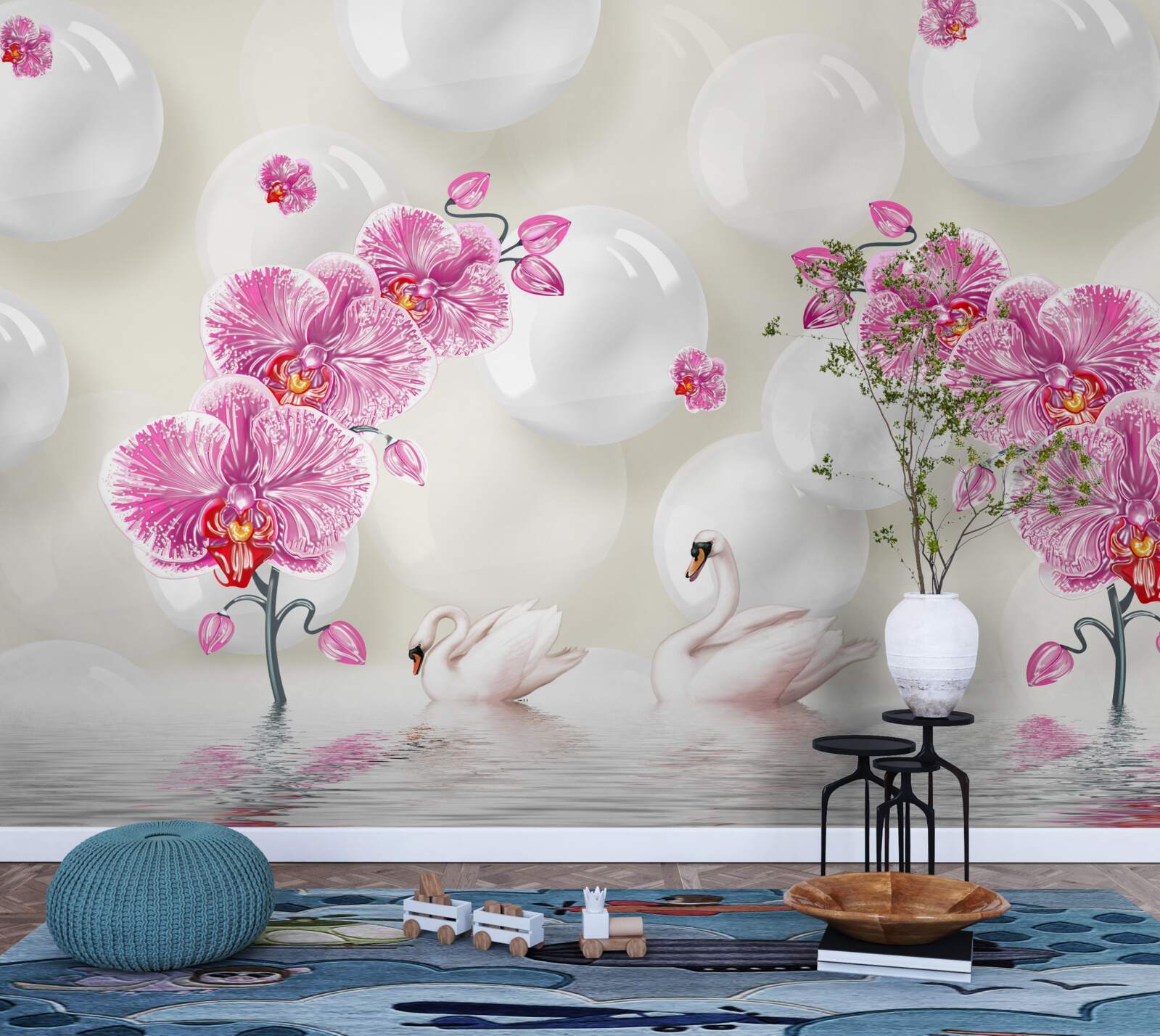 Papier peint magnolia lilas et cygnes nageant sur le lac