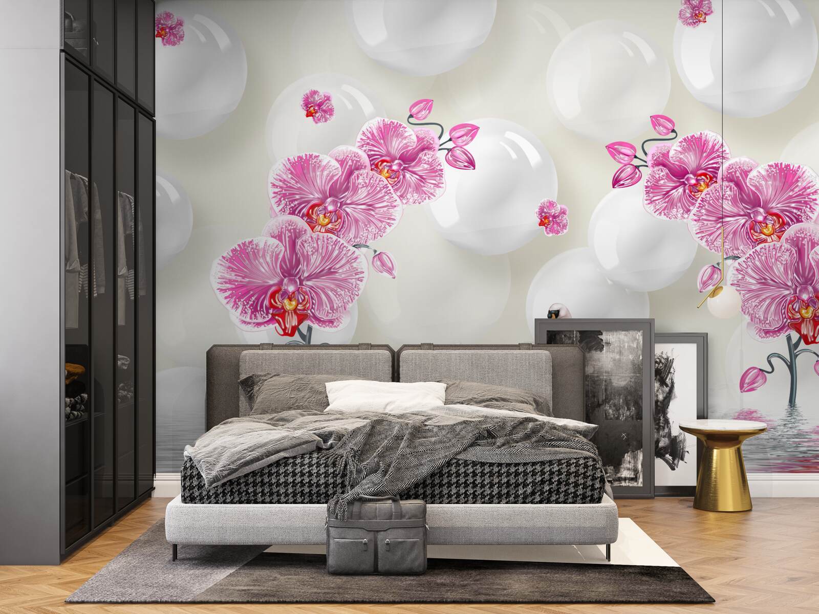 Papier peint magnolia lilas et cygnes nageant sur le lac