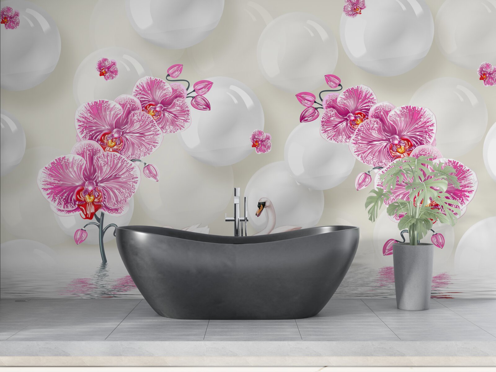 Papier peint magnolia lilas et cygnes nageant sur le lac