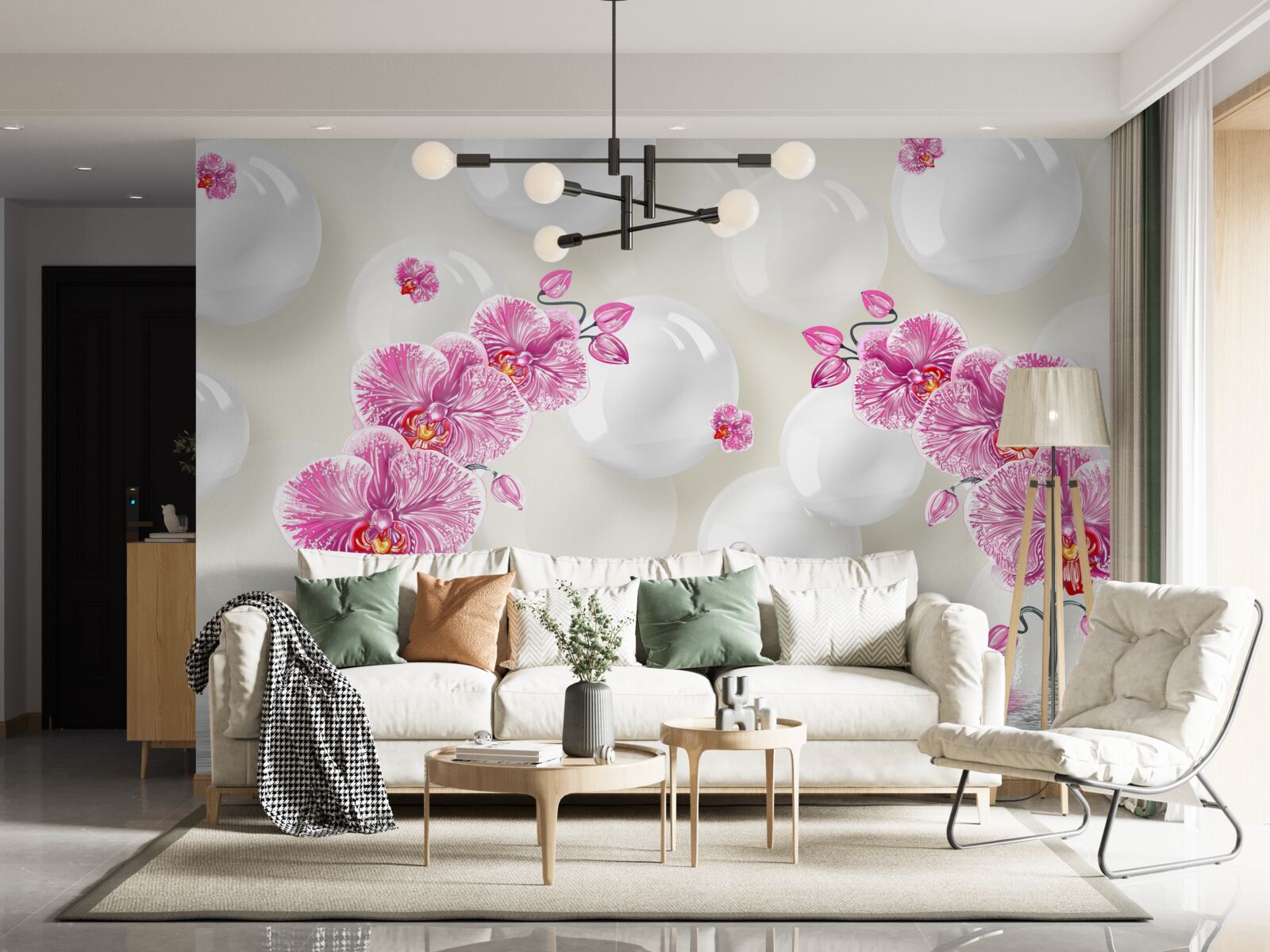 Papier peint magnolia lilas et cygnes nageant sur le lac