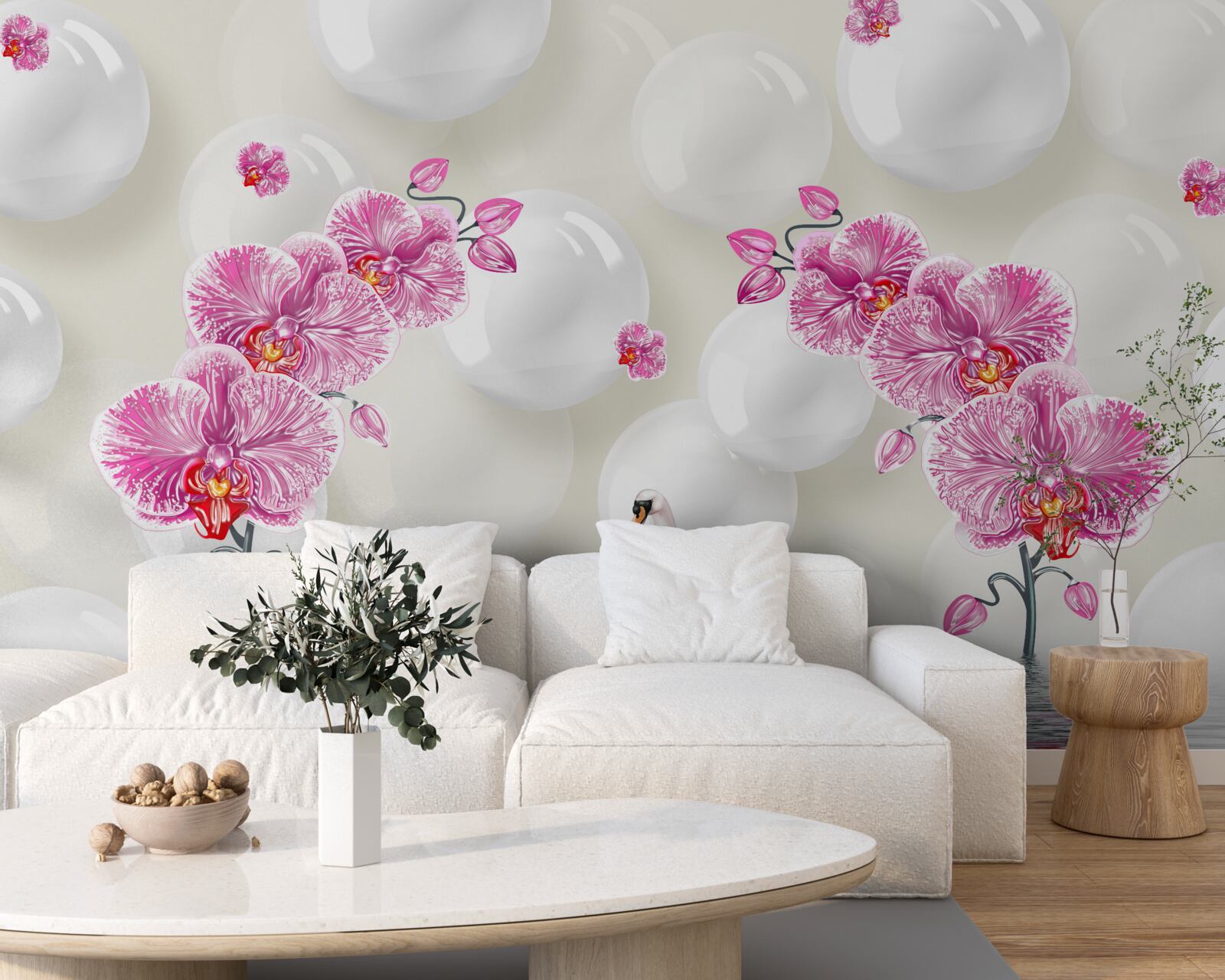 Papier peint magnolia lilas et cygnes nageant sur le lac