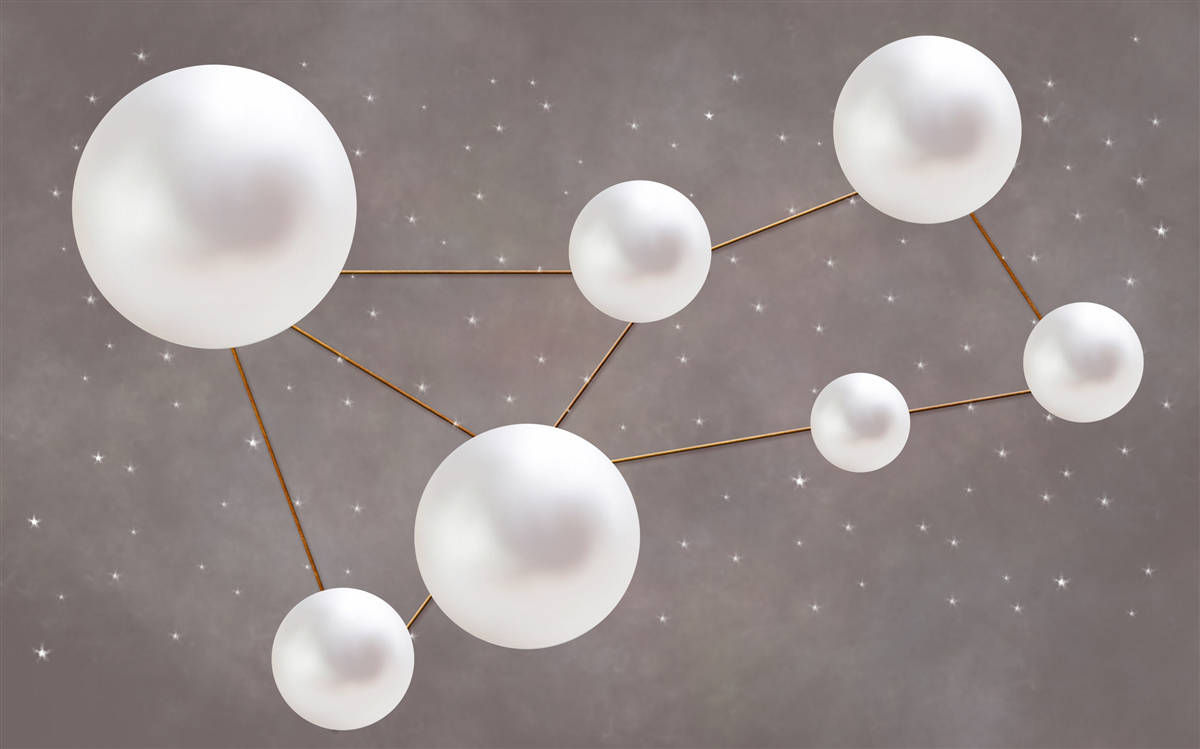 Papier peint des boules blanches décorées de lignes dorées sont dispersées sur un fond gris