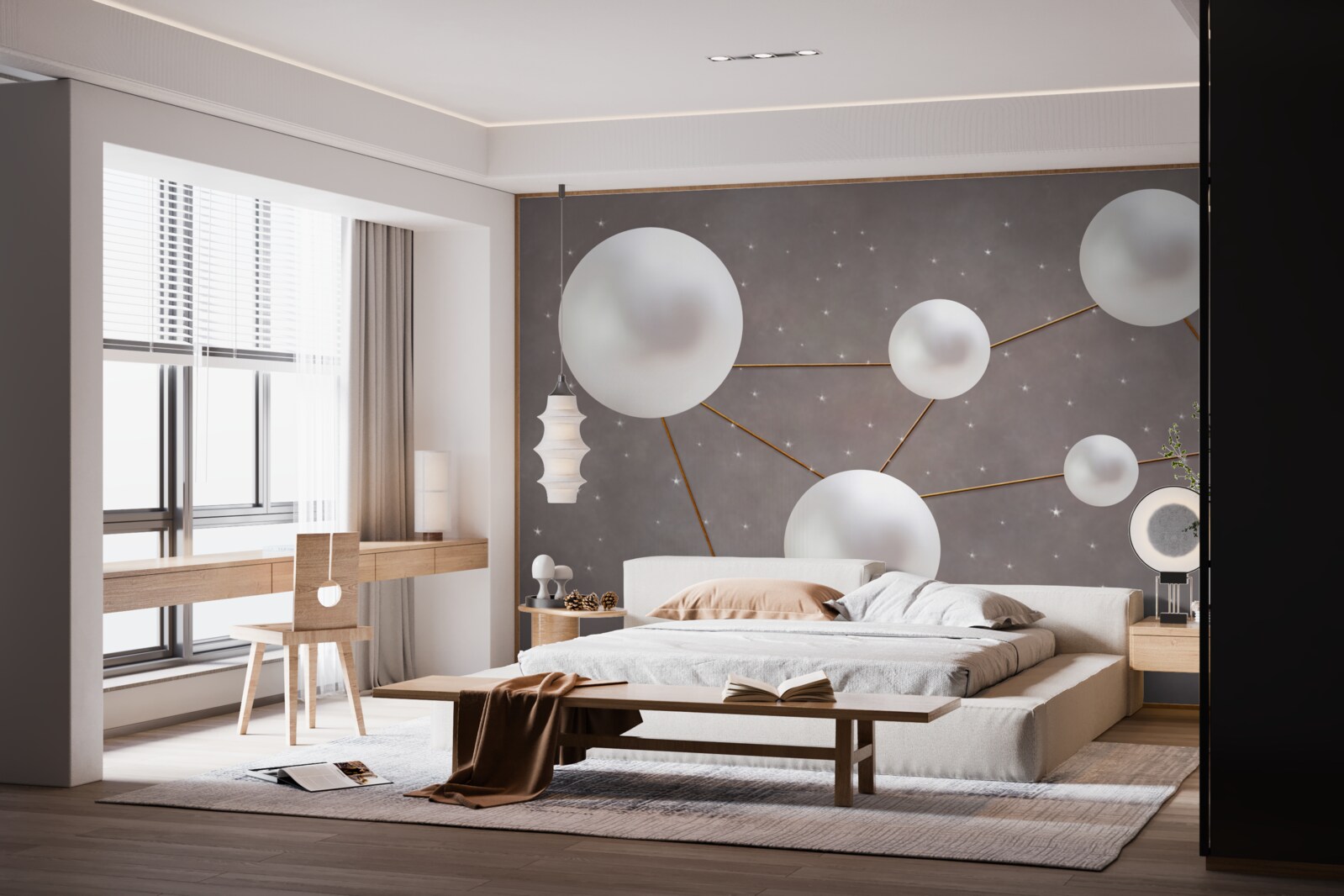 Papier peint des boules blanches décorées de lignes dorées sont dispersées sur un fond gris