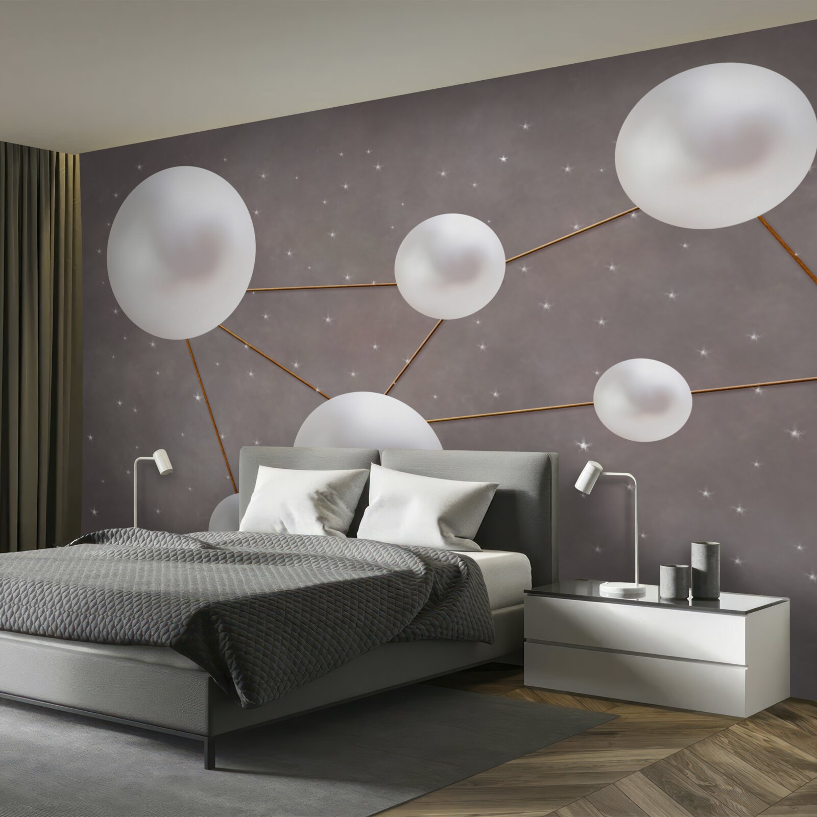 Papier peint des boules blanches décorées de lignes dorées sont dispersées sur un fond gris