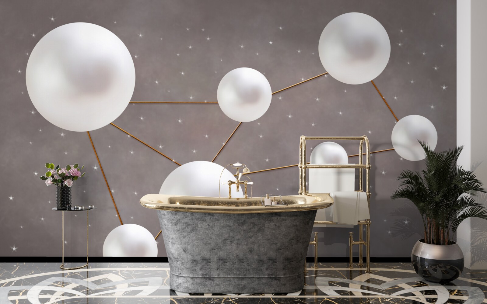Papier peint des boules blanches décorées de lignes dorées sont dispersées sur un fond gris