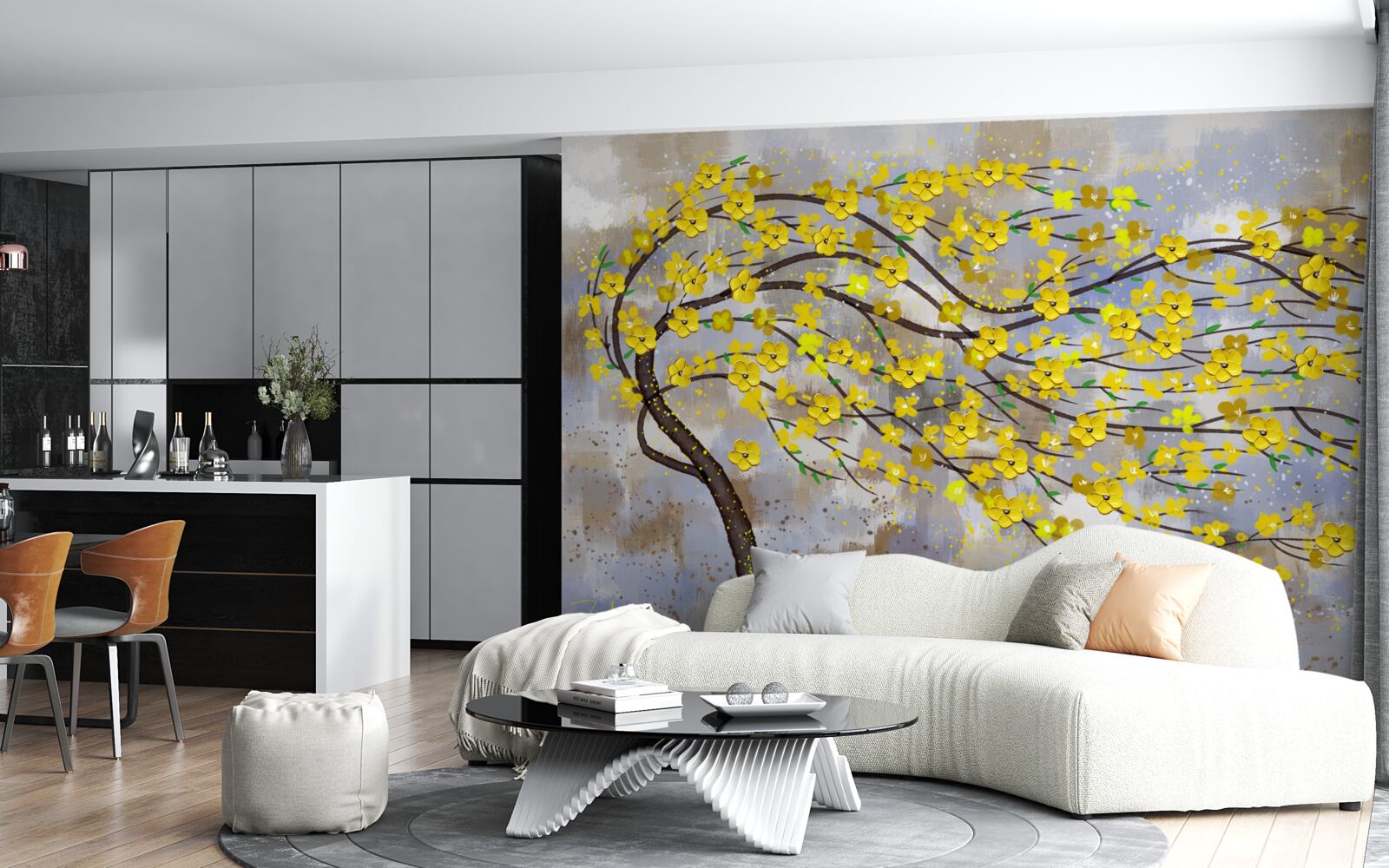 Papier peint l'arbre d'automne se balance dans les rafales de vent