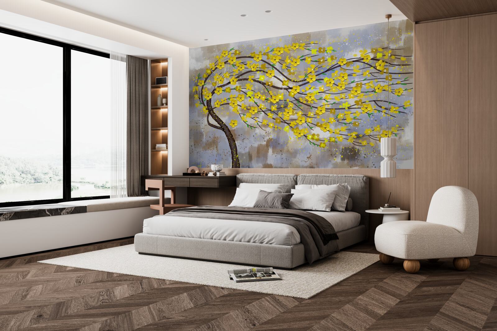 Papier peint l'arbre d'automne se balance dans les rafales de vent