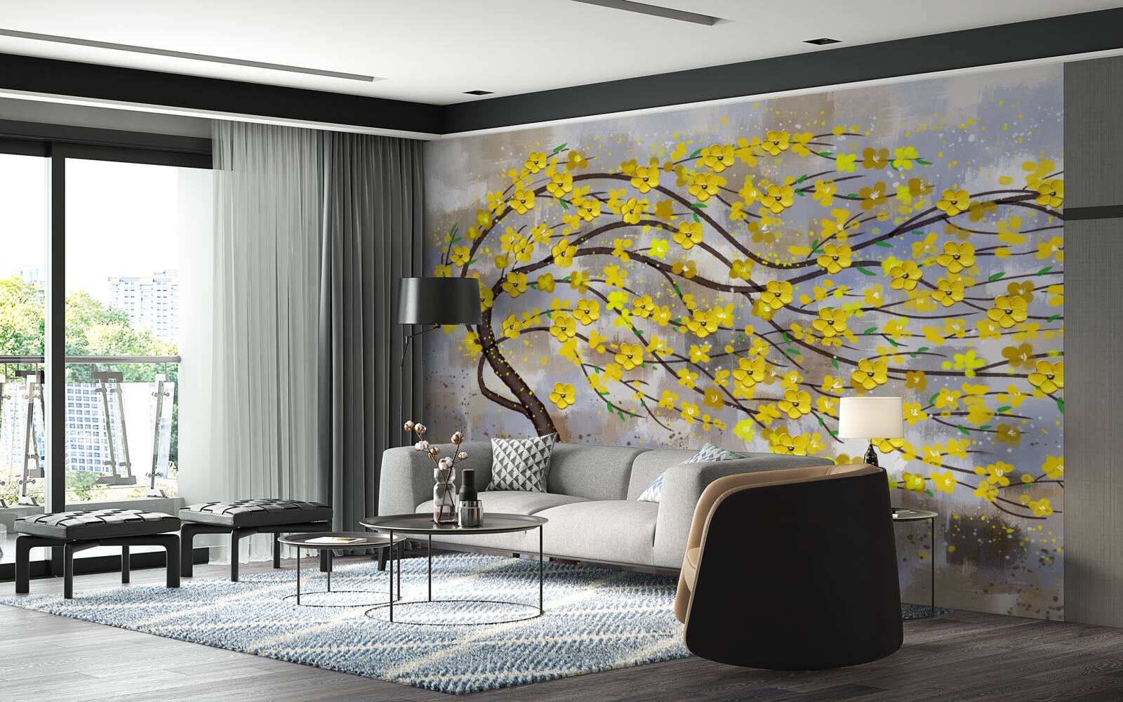 Papier peint l'arbre d'automne se balance dans les rafales de vent