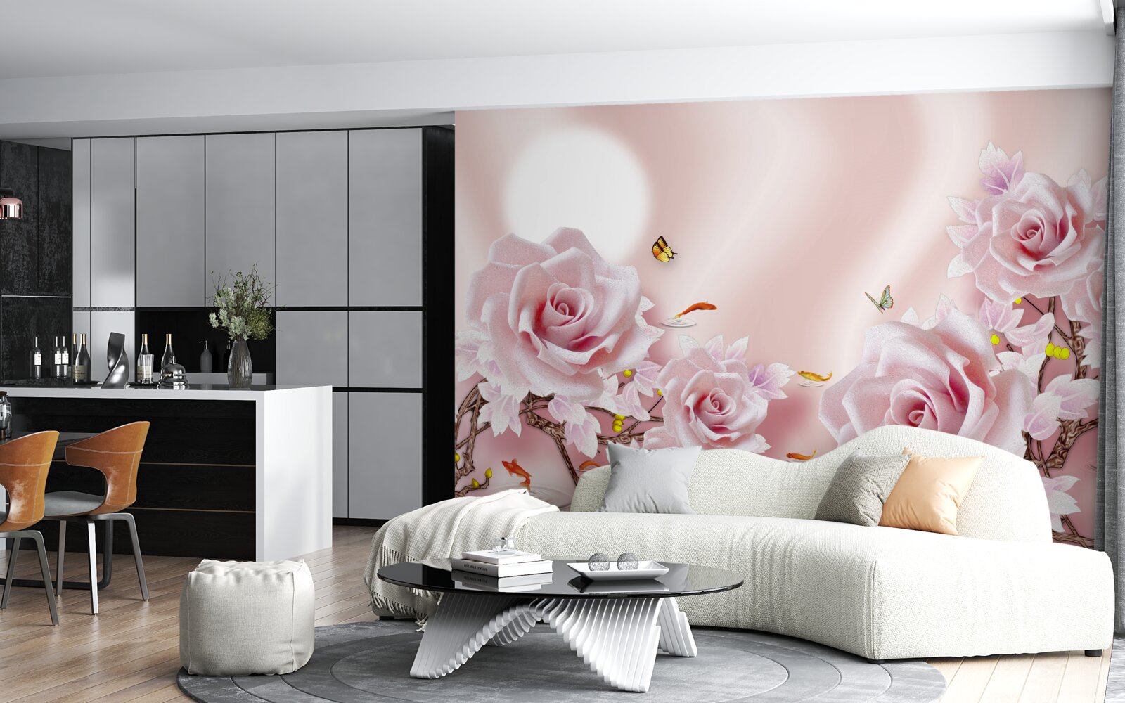 Papier peint ensemble de bourgeons roses sur un fond rose soyeux