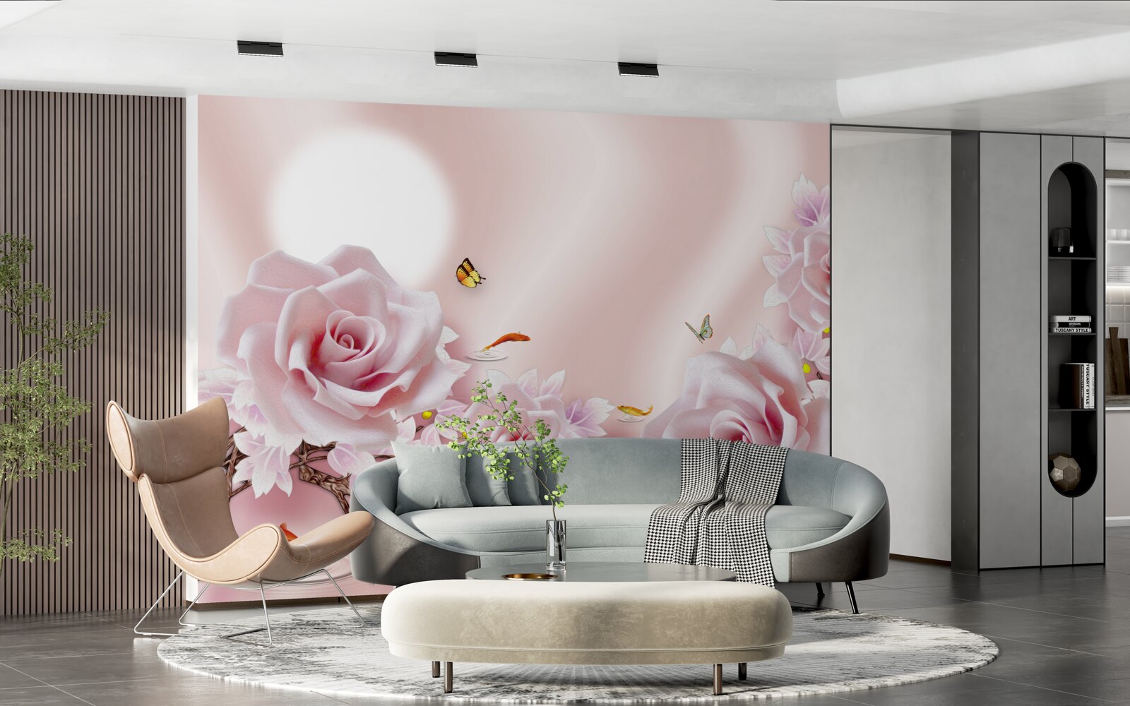 Papier peint ensemble de bourgeons roses sur un fond rose soyeux