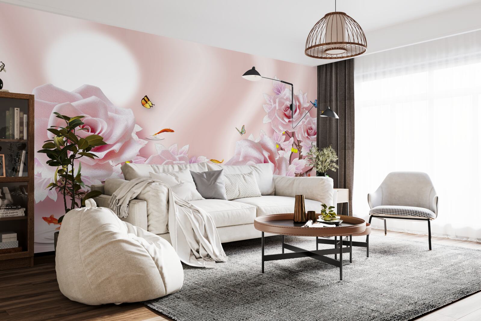 Papier peint ensemble de bourgeons roses sur un fond rose soyeux