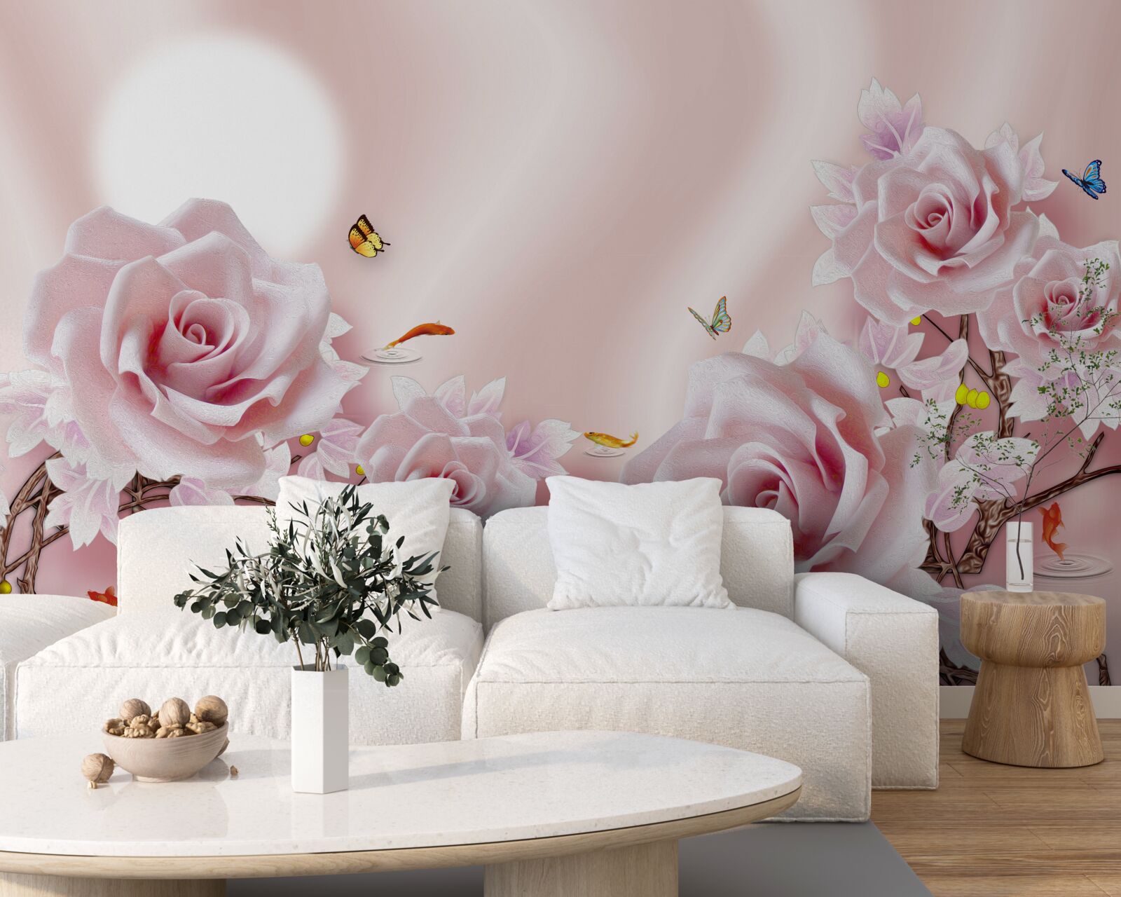 Papier peint ensemble de bourgeons roses sur un fond rose soyeux