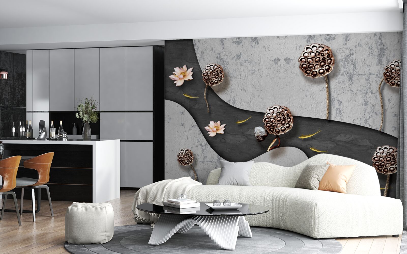 Papier peint chemin abstrait parsemé de fleurs dans un champ