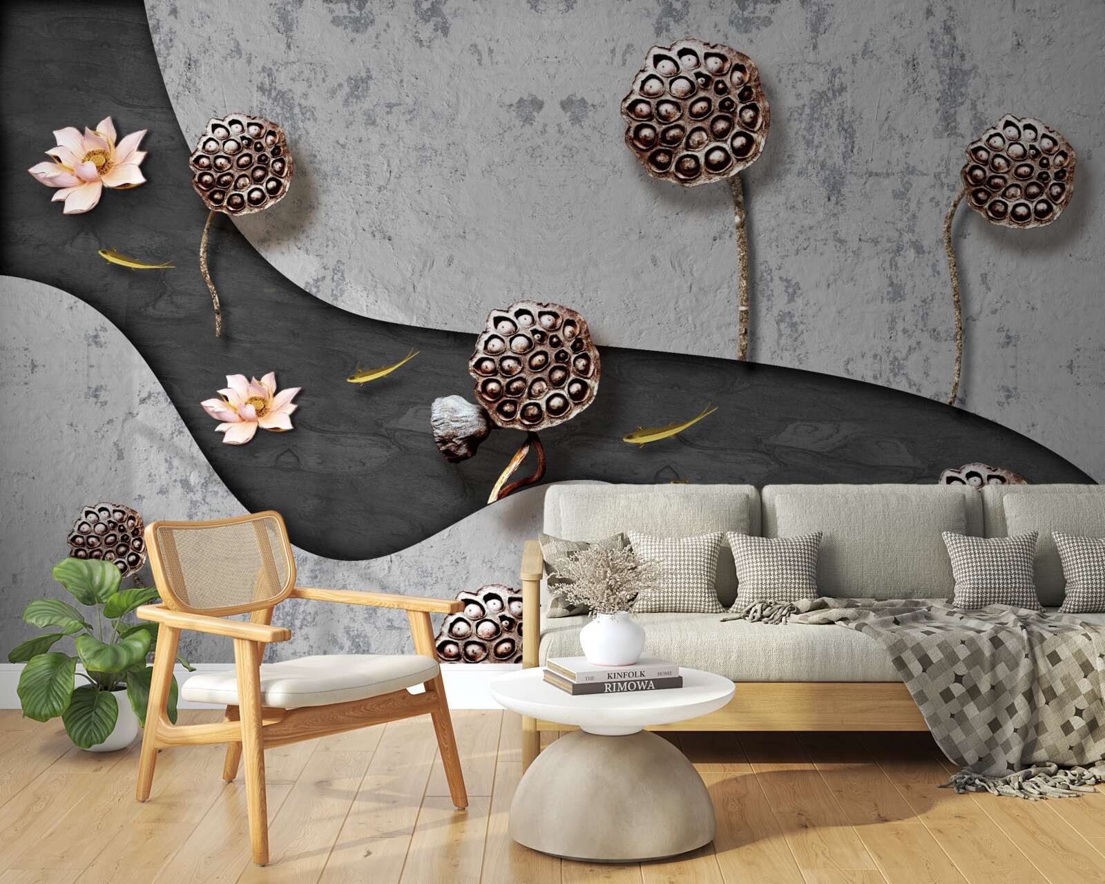 Papier peint chemin abstrait parsemé de fleurs dans un champ