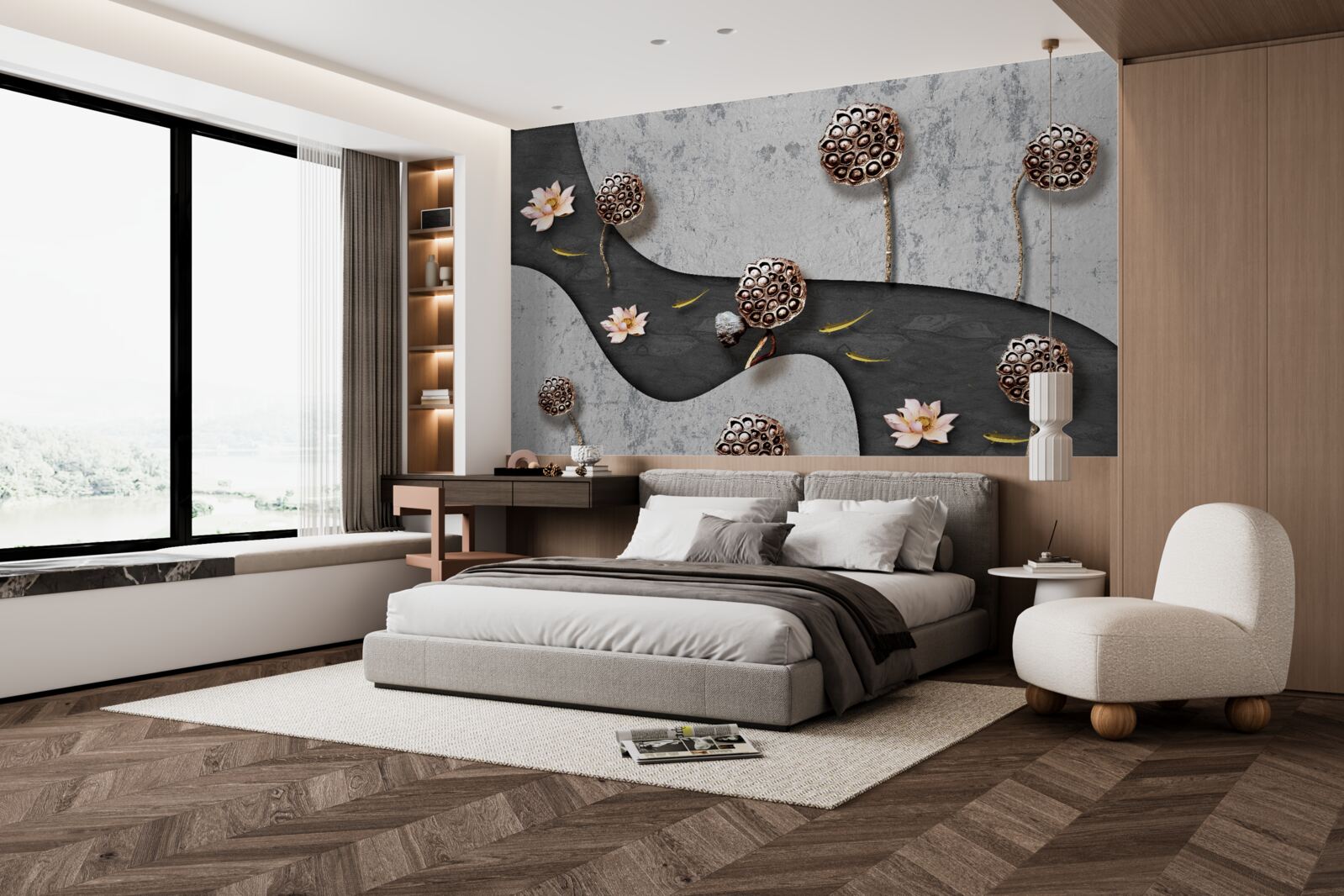 Papier peint chemin abstrait parsemé de fleurs dans un champ