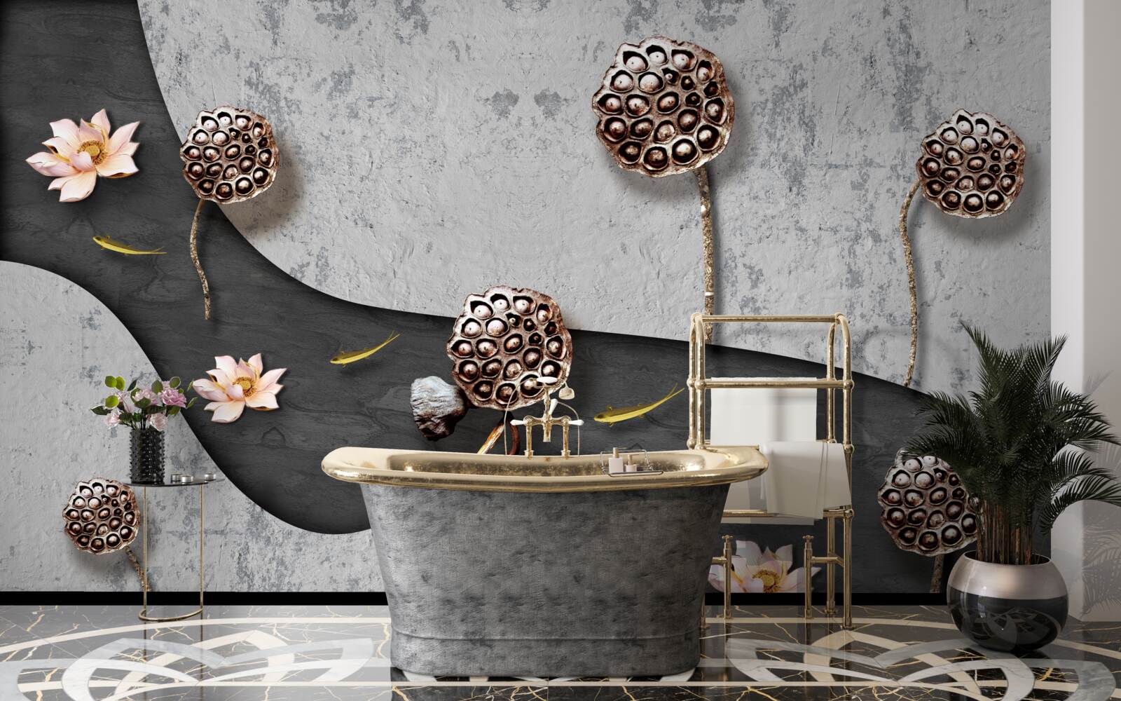 Papier peint chemin abstrait parsemé de fleurs dans un champ