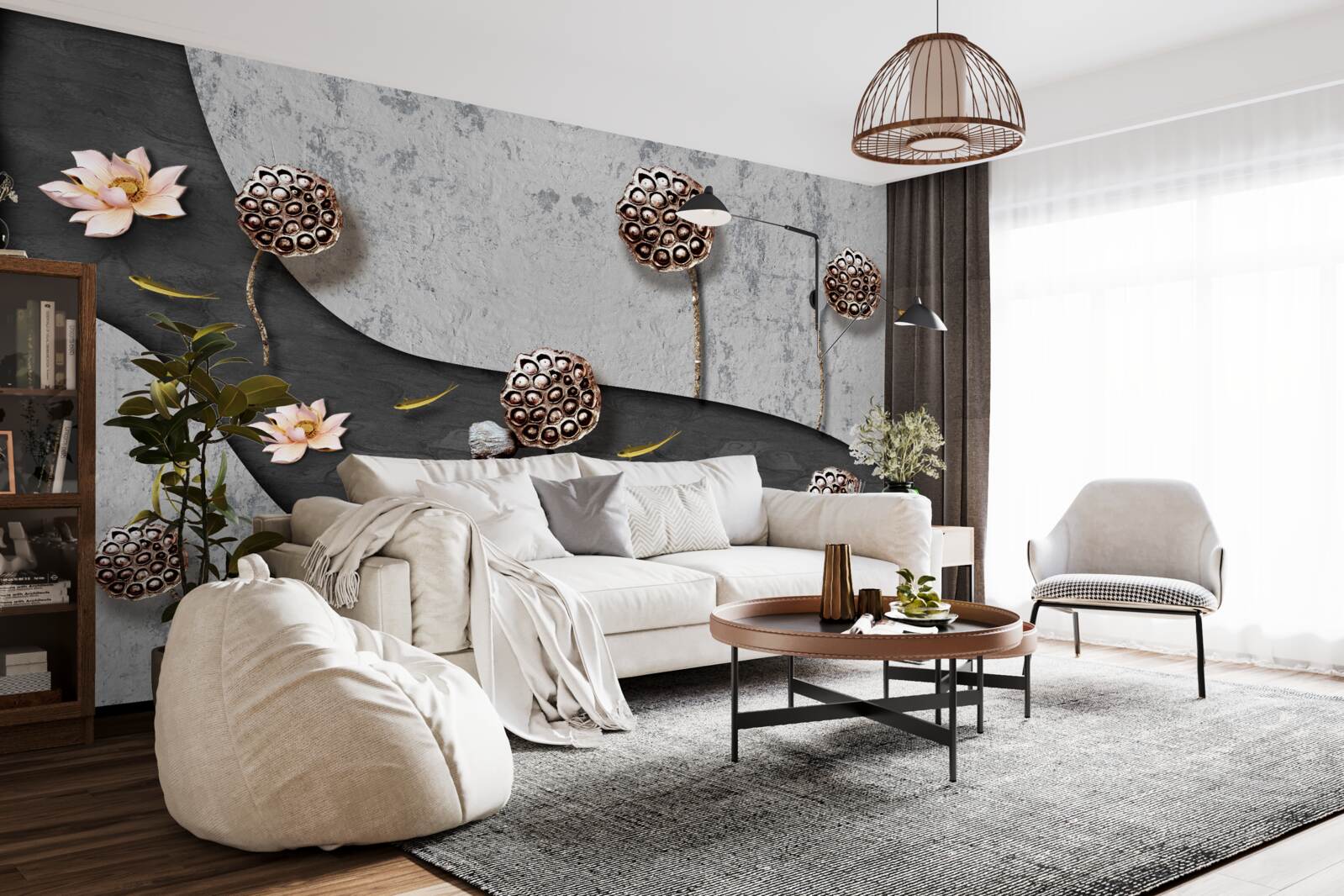 Papier peint chemin abstrait parsemé de fleurs dans un champ