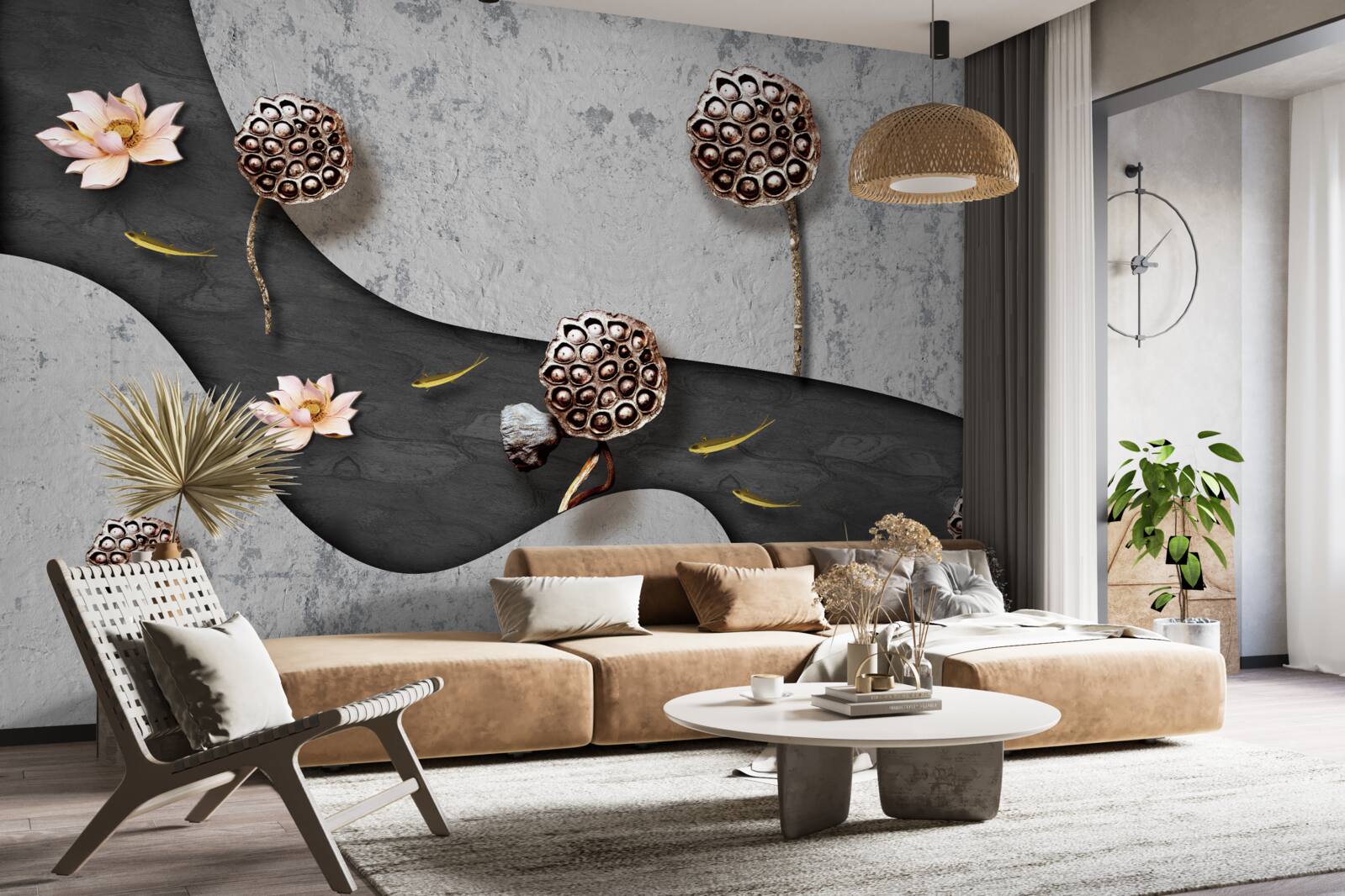 Papier peint chemin abstrait parsemé de fleurs dans un champ