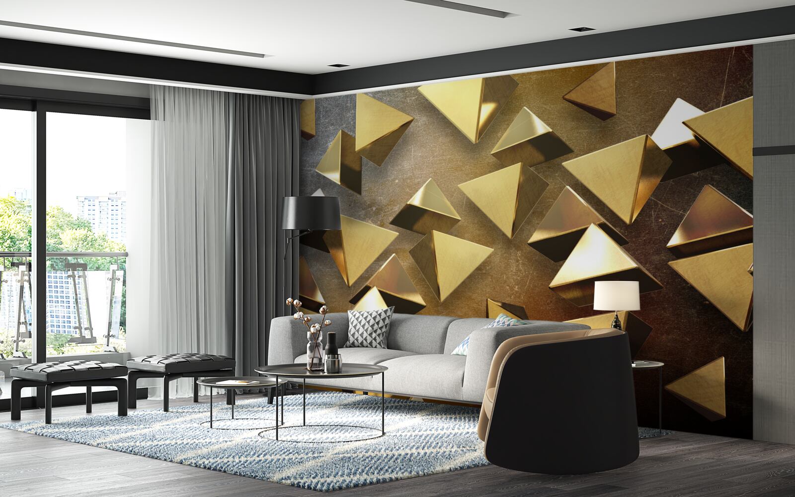 Papier peint petits triangles dorés étendus