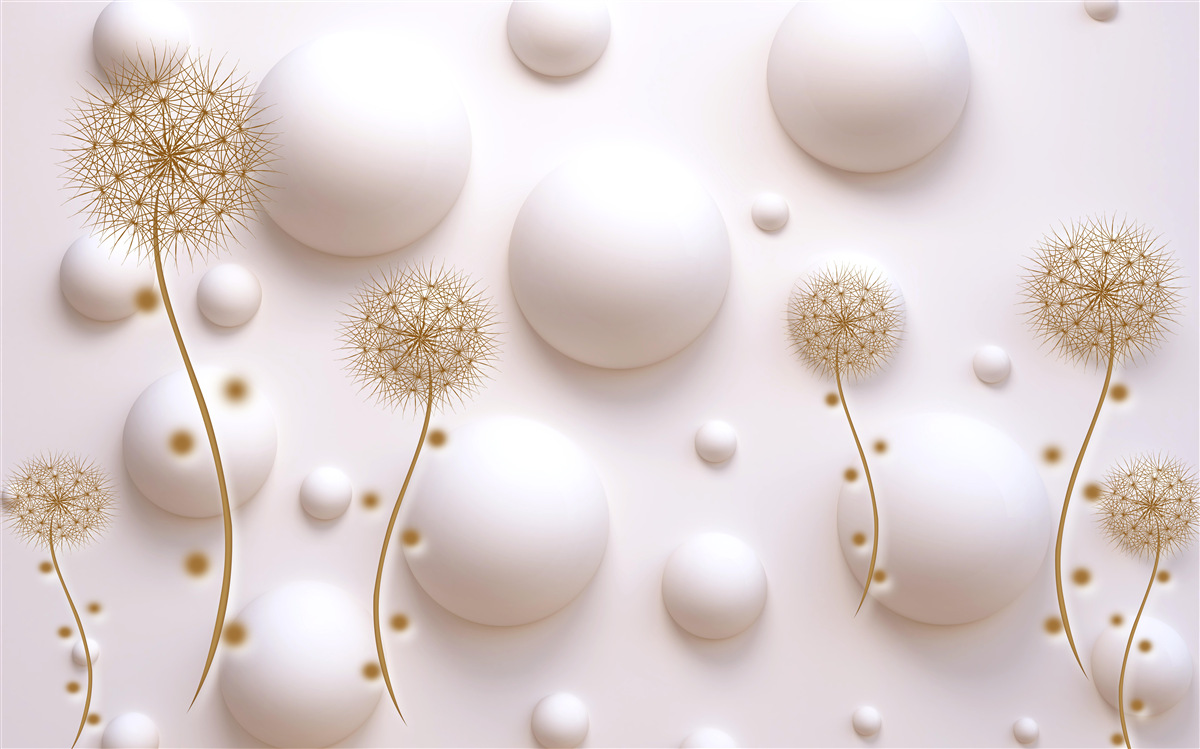 Papier peint Perles circulaires blanc neige et millefeuilles d'or