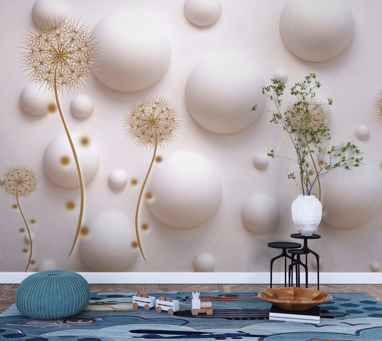 Papier peint Perles circulaires blanc neige et millefeuilles d'or