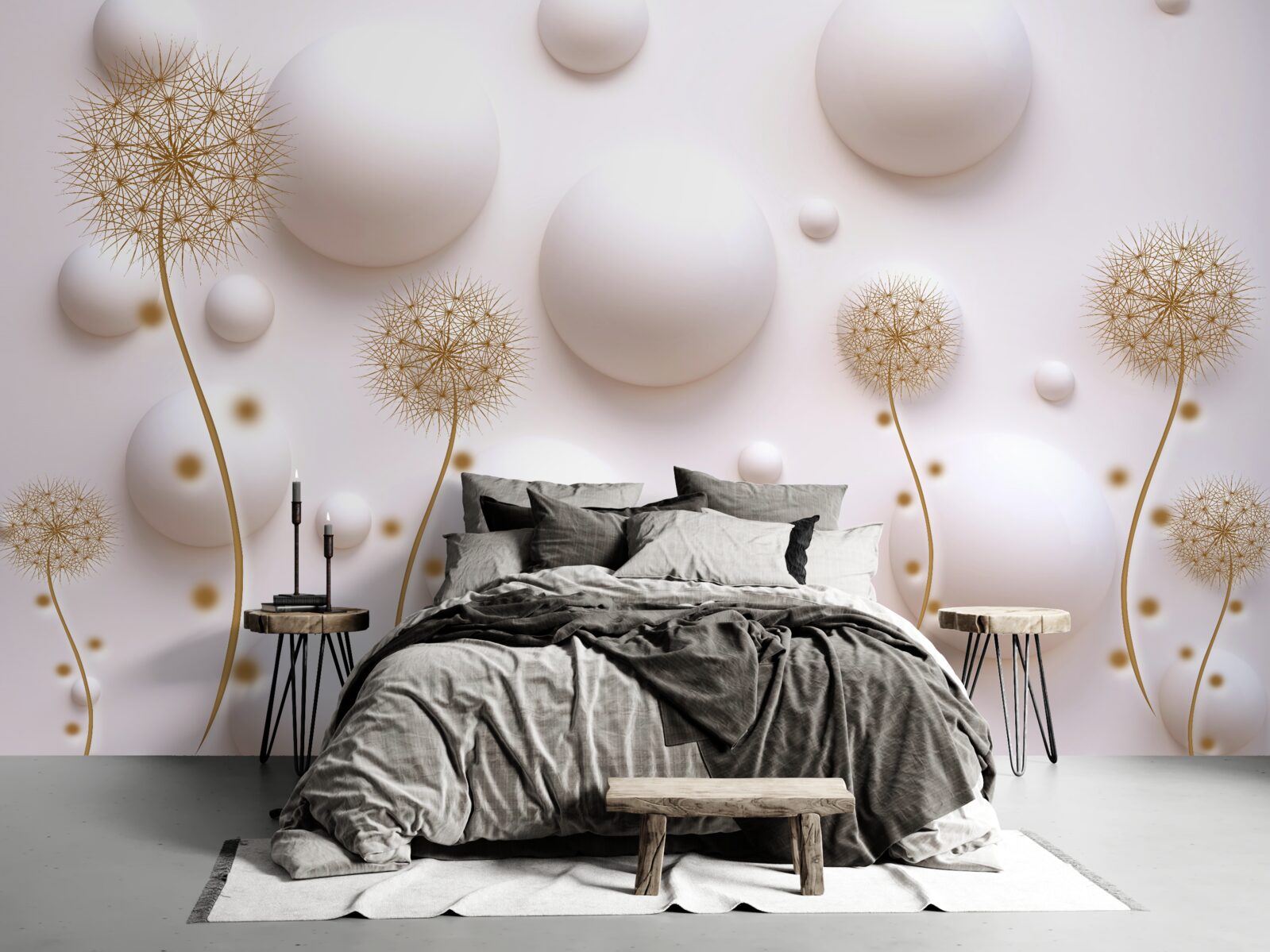 Papier peint Perles circulaires blanc neige et millefeuilles d'or