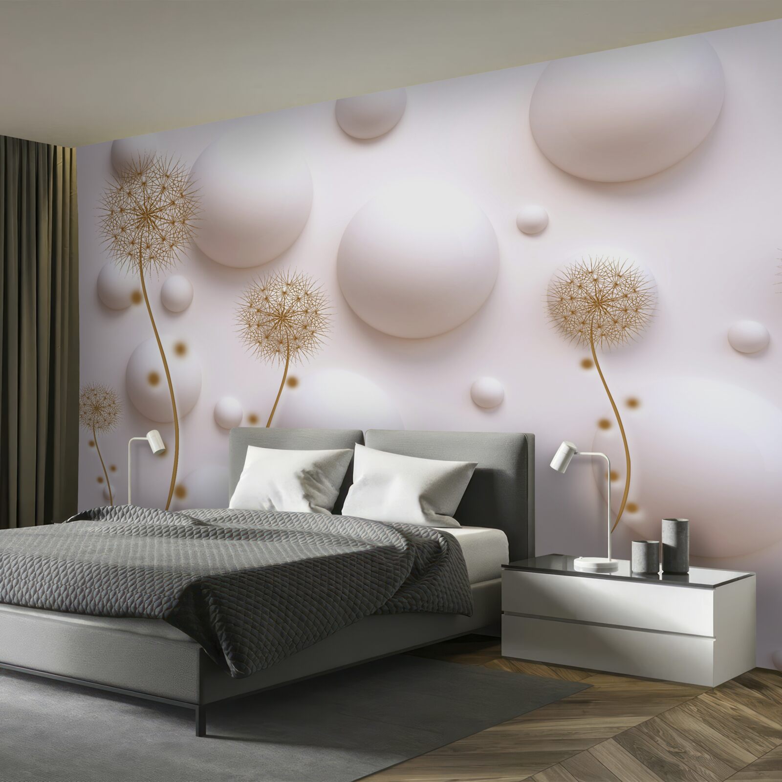 Papier peint Perles circulaires blanc neige et millefeuilles d'or