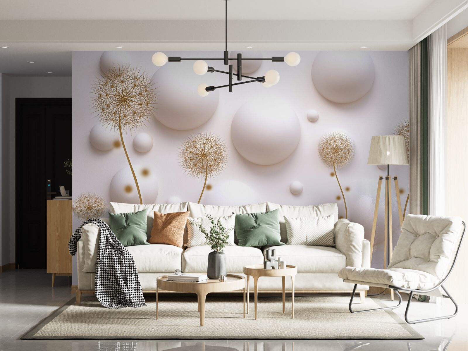 Papier peint Perles circulaires blanc neige et millefeuilles d'or