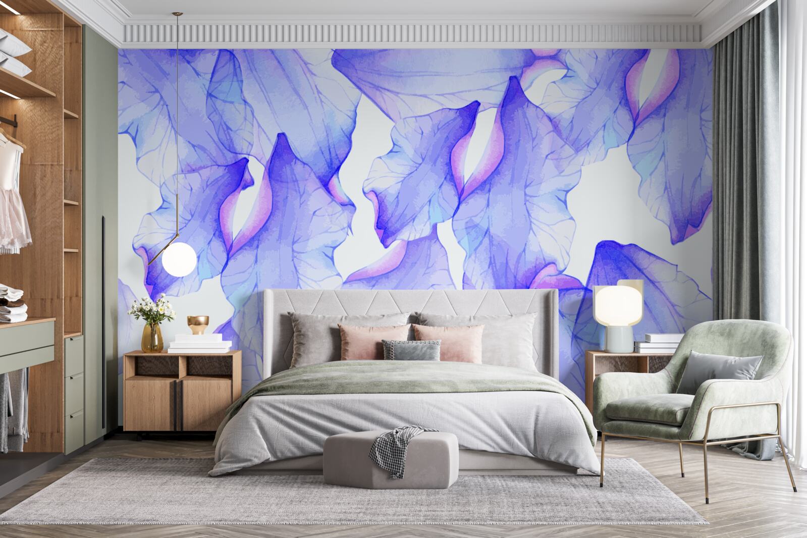 Papier peint boutons de fleurs avec une teinte violette transparente