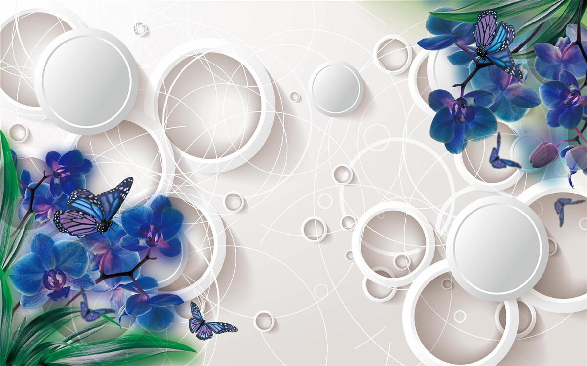 Papier peint le fond géométrique est décoré de branches d'orchidées bleues