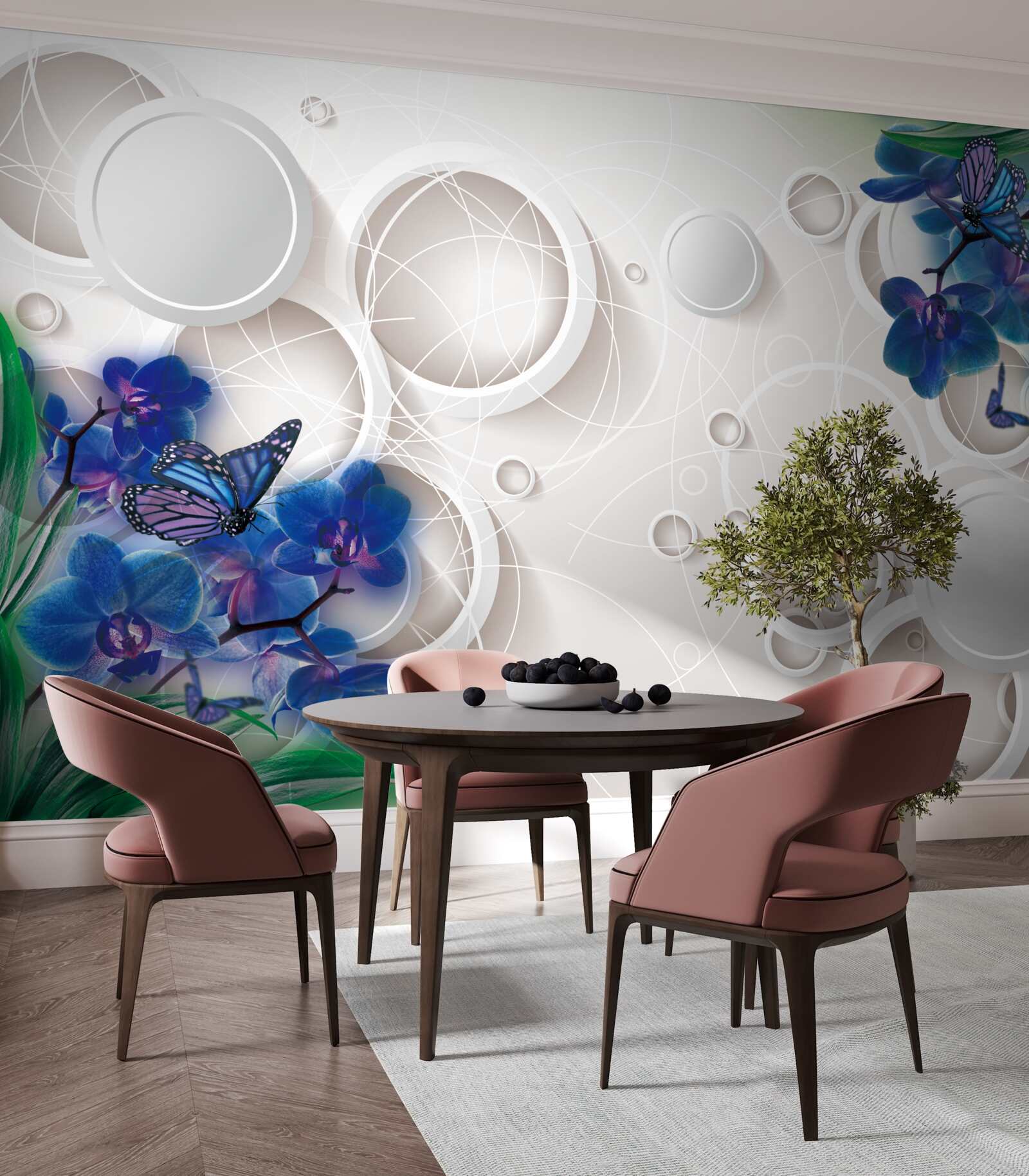 Papier peint le fond géométrique est décoré de branches d'orchidées bleues