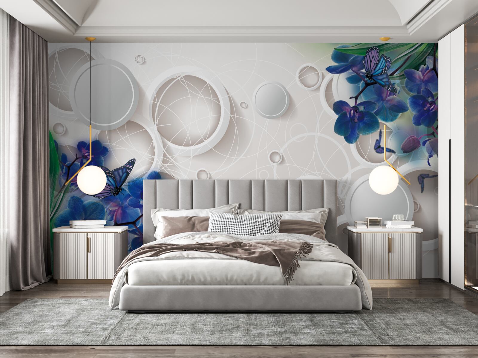 Papier peint le fond géométrique est décoré de branches d'orchidées bleues