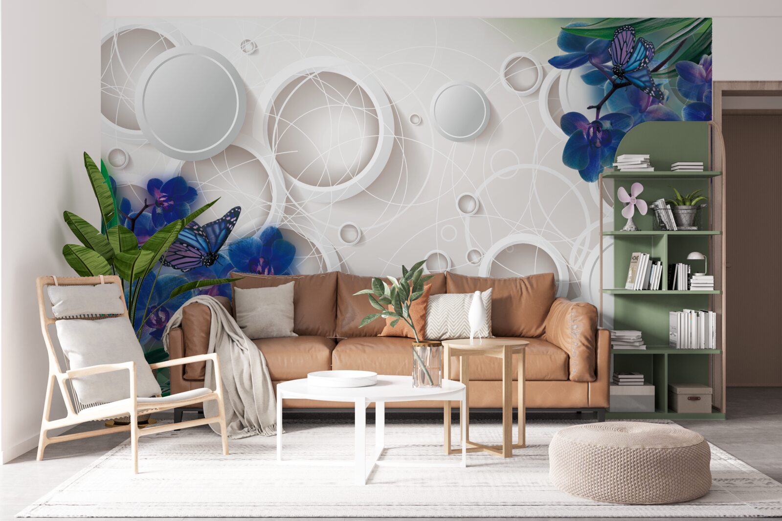 Papier peint le fond géométrique est décoré de branches d'orchidées bleues