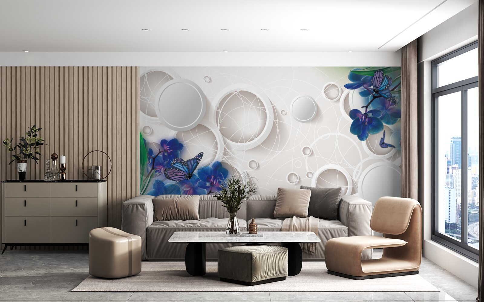 Papier peint le fond géométrique est décoré de branches d'orchidées bleues