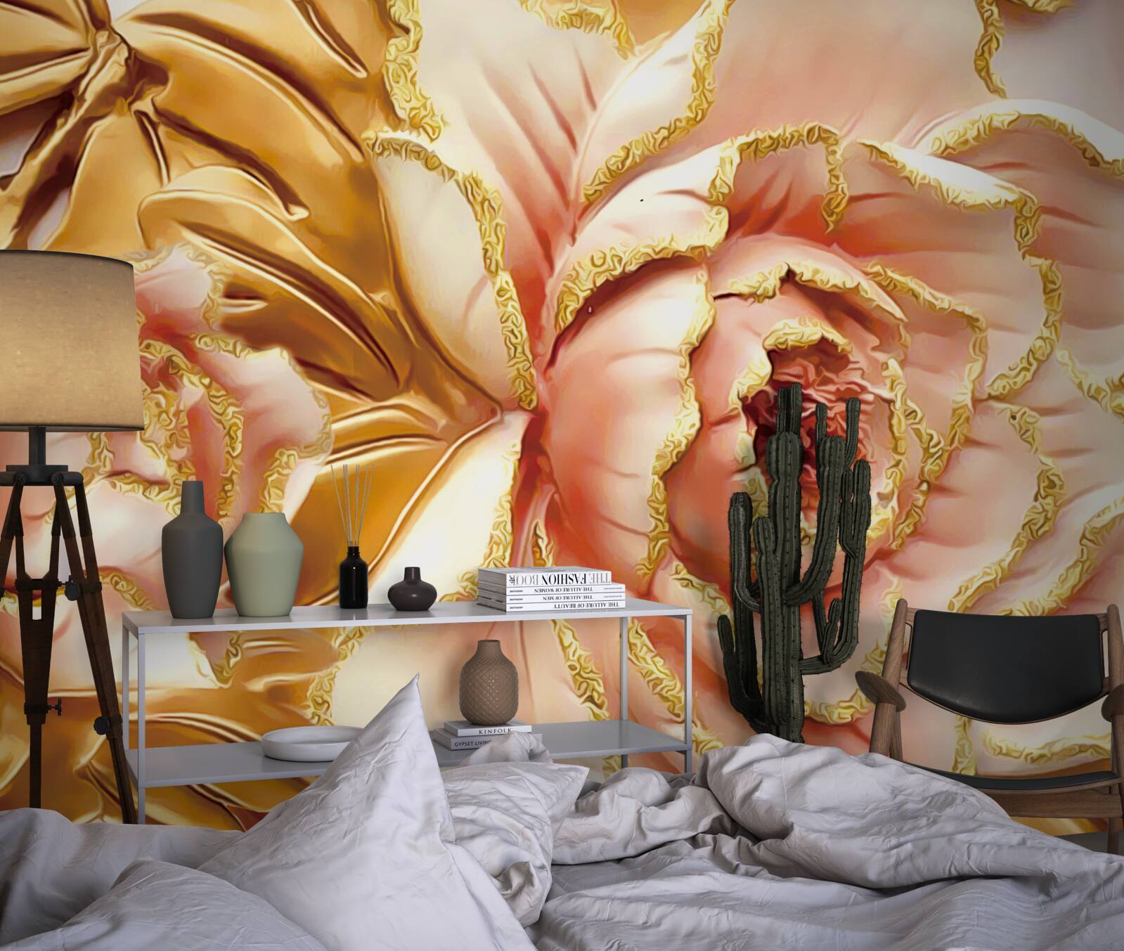 Papier peint pivoine fleurie aux feuilles dorées