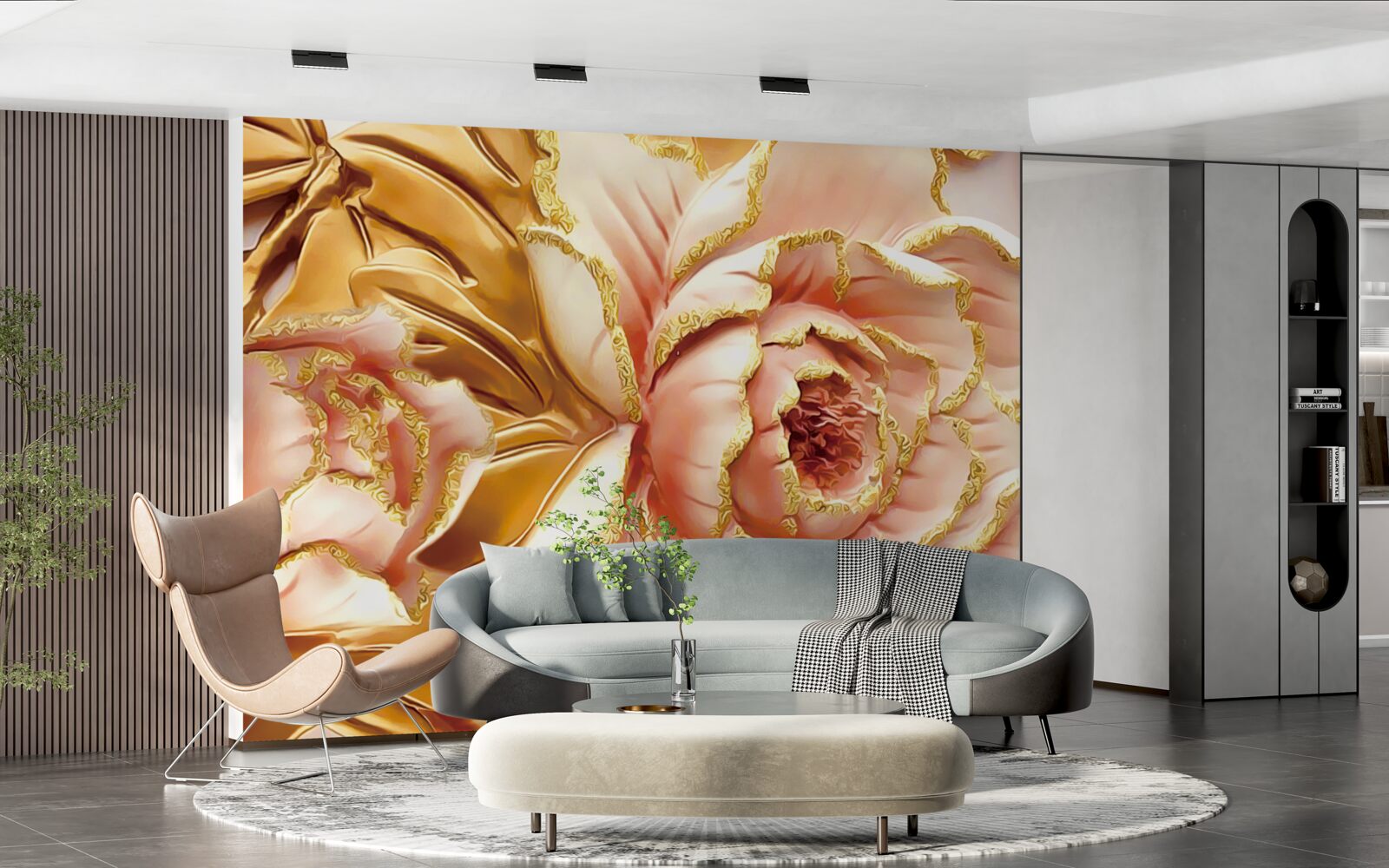 Papier peint pivoine fleurie aux feuilles dorées