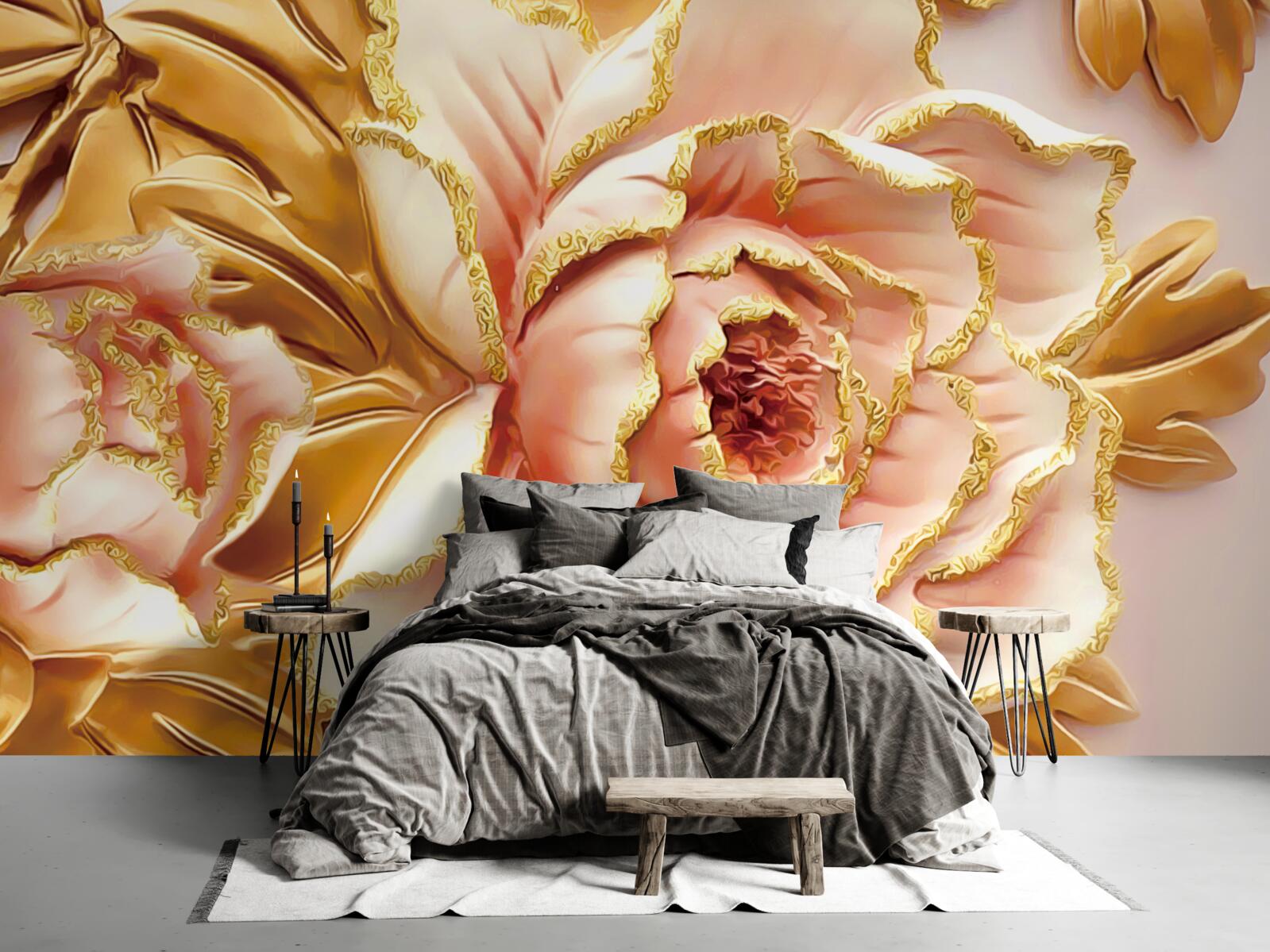 Papier peint pivoine fleurie aux feuilles dorées