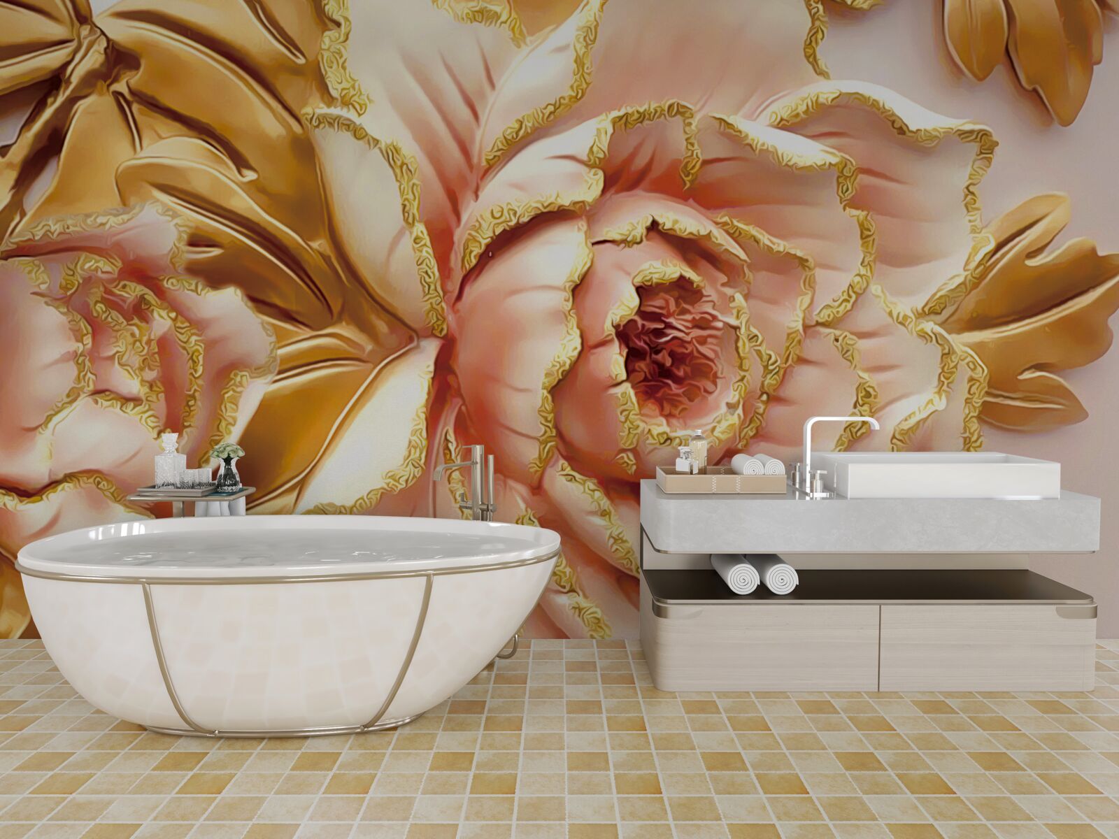 Papier peint pivoine fleurie aux feuilles dorées