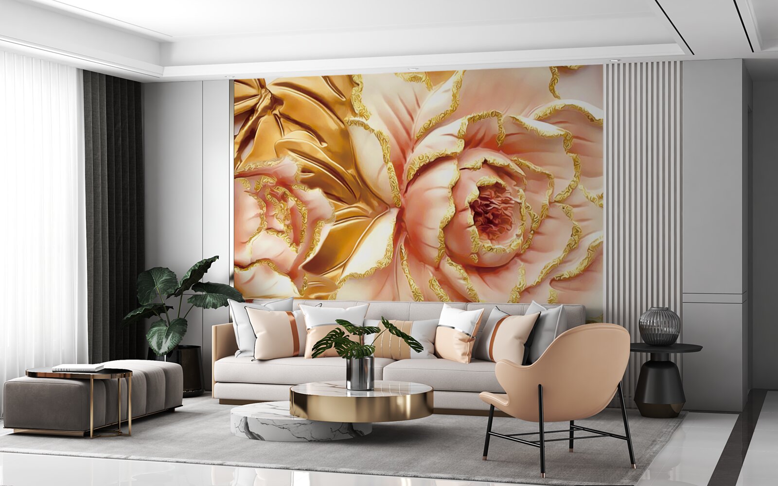 Papier peint pivoine fleurie aux feuilles dorées