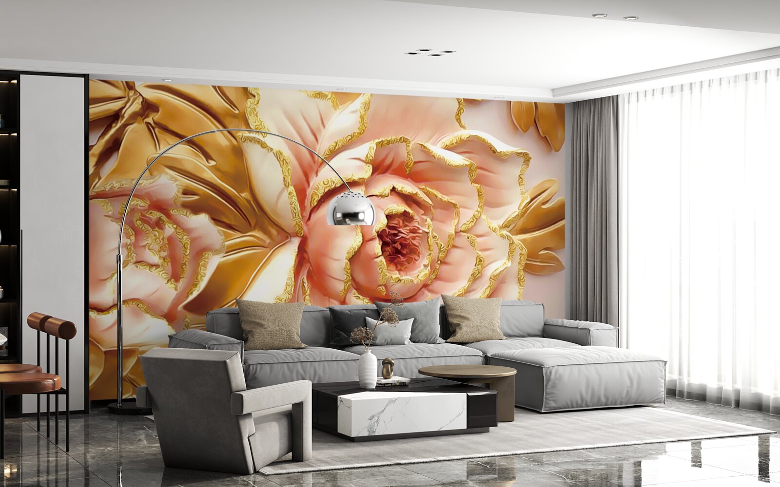 Papier peint pivoine fleurie aux feuilles dorées