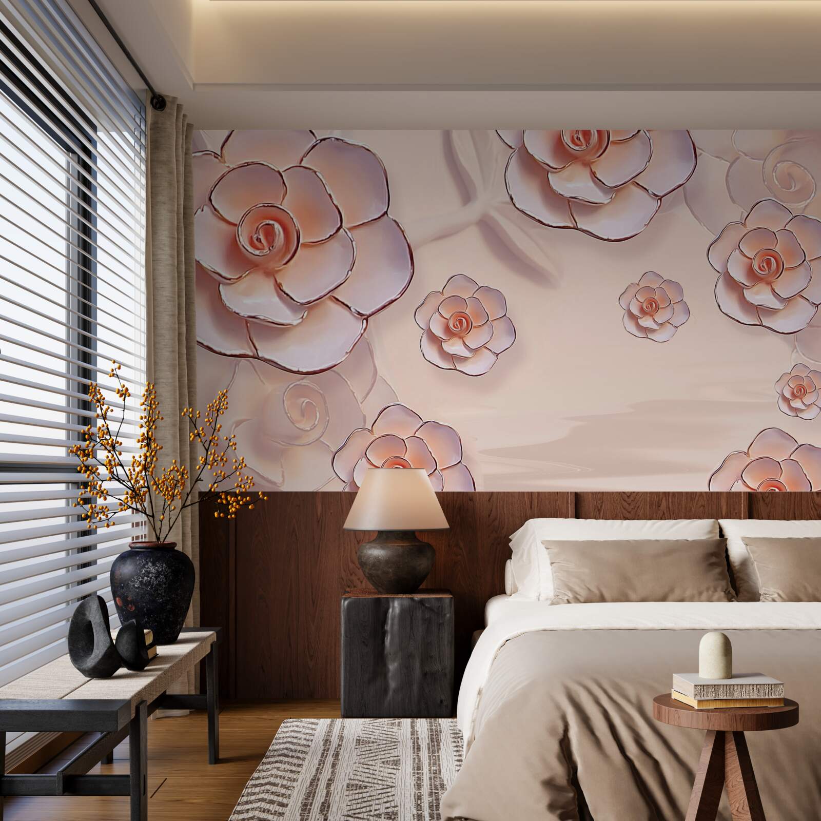 Papier peint roses en porcelaine rose